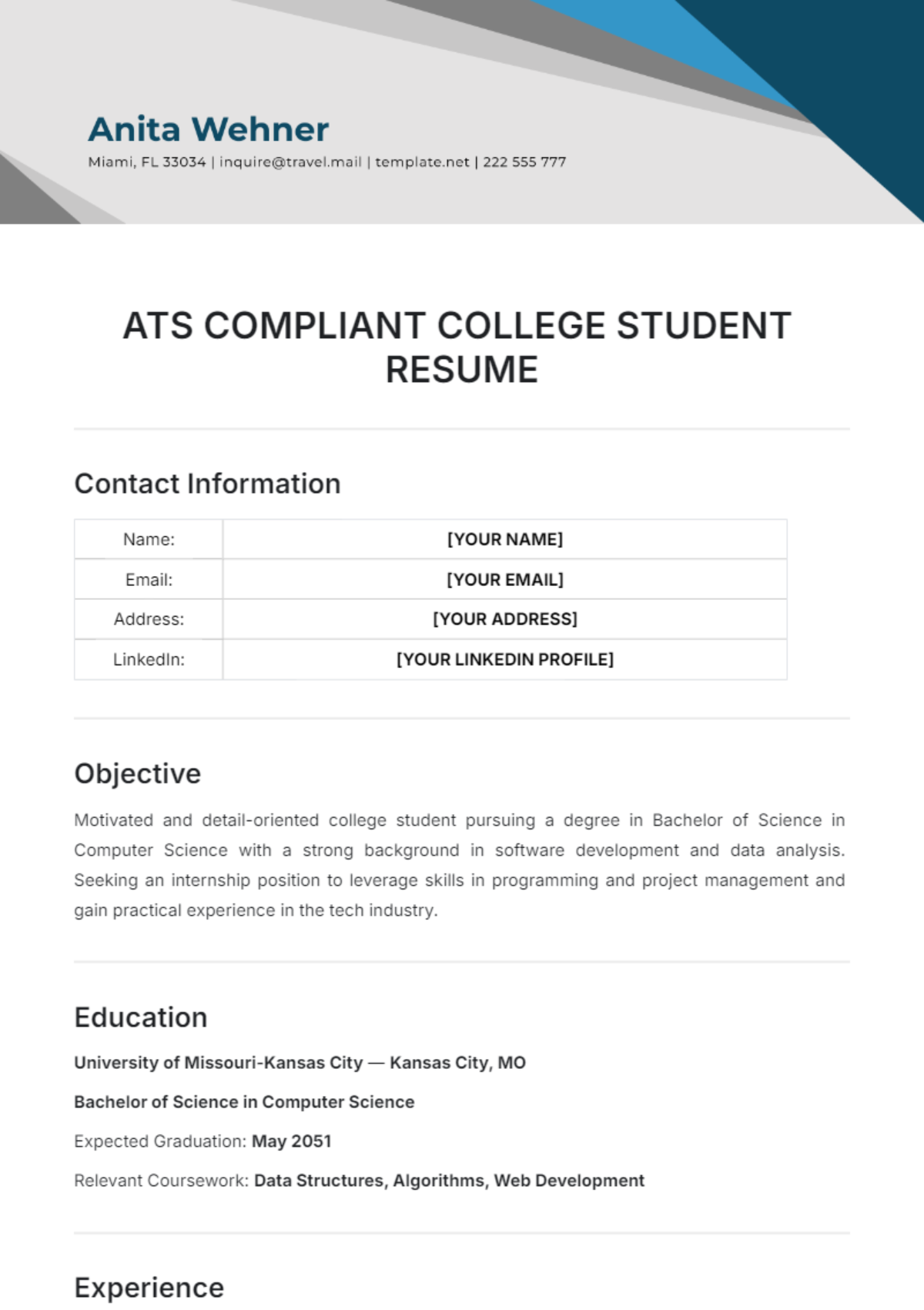 ATS Compliant College Student Resume Template - Edit Online & Download