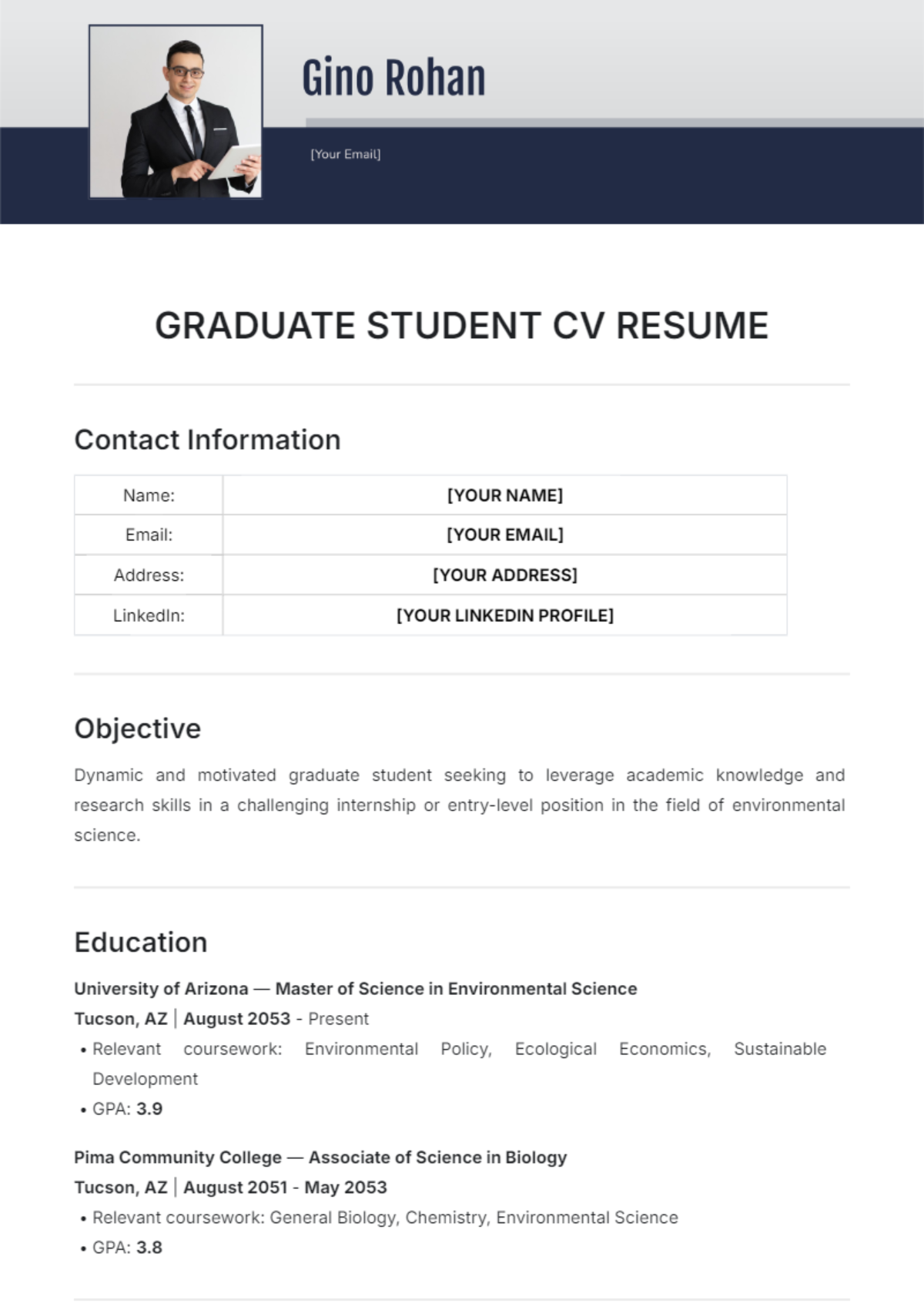 Graduate Student CV Resume Template - Edit Online & Download