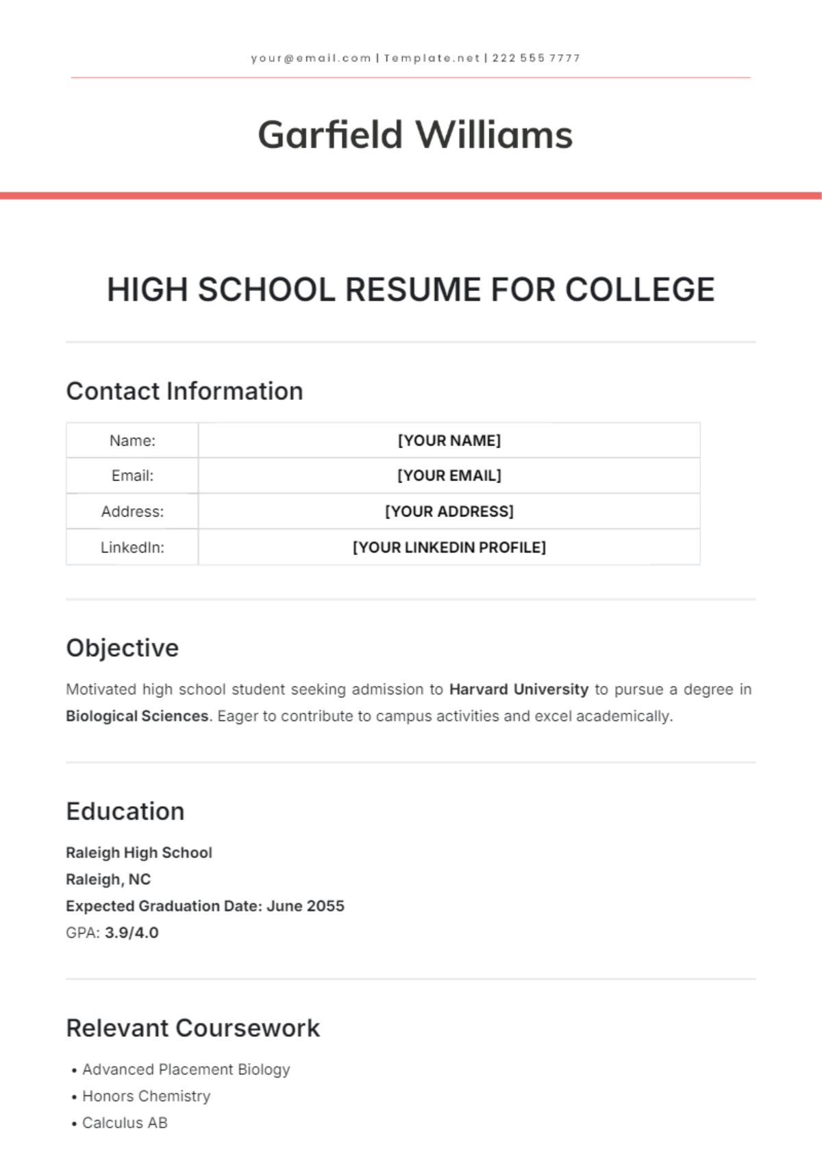 High School Resume for College Template - Edit Online & Download