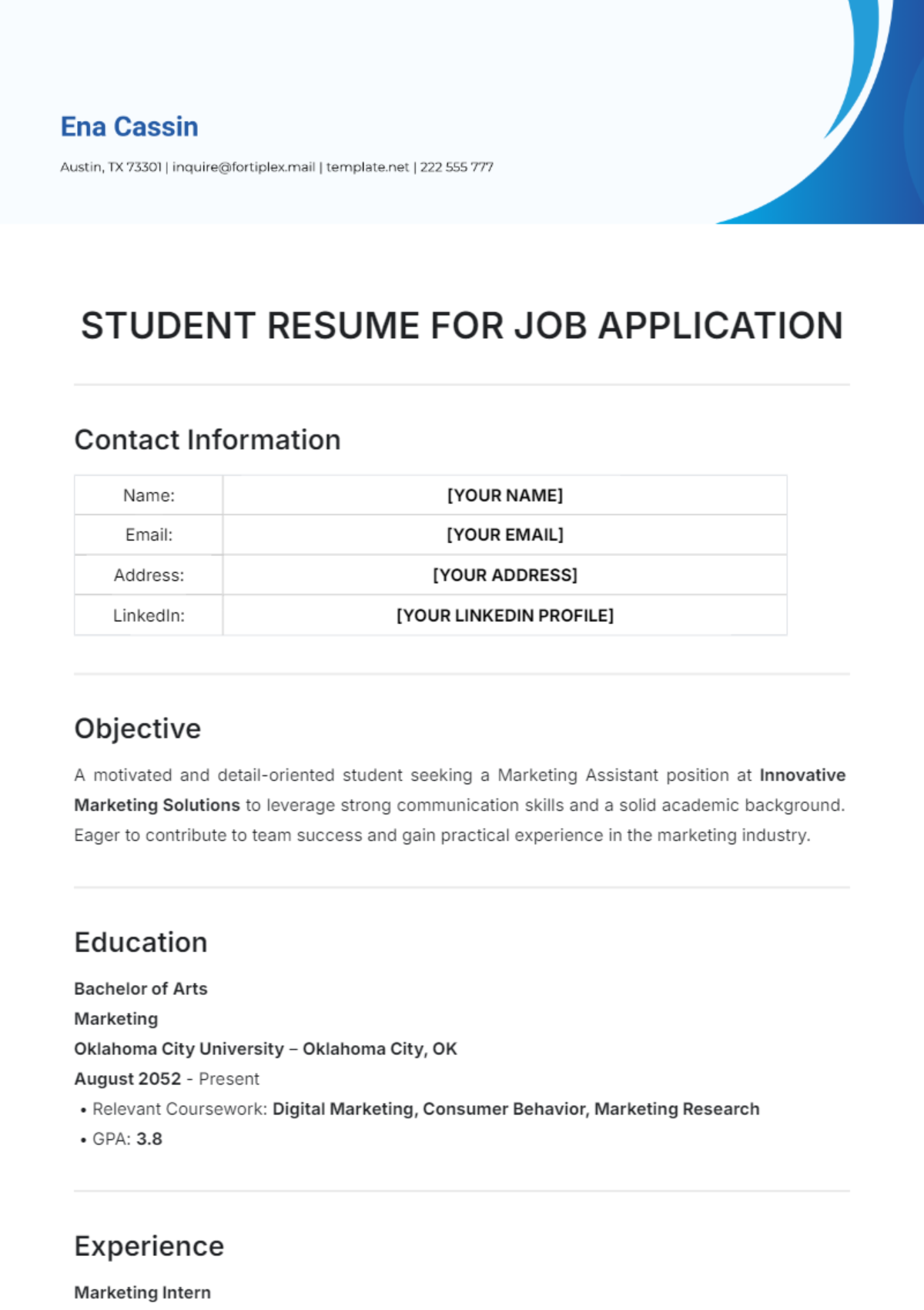 Student Resume for Job Application Template - Edit Online & Download