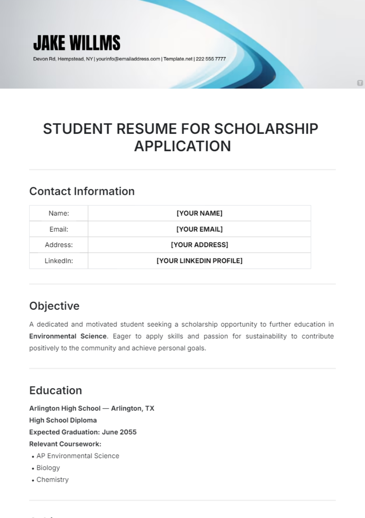 Student Resume for Scholarship Application Template - Edit Online & Download