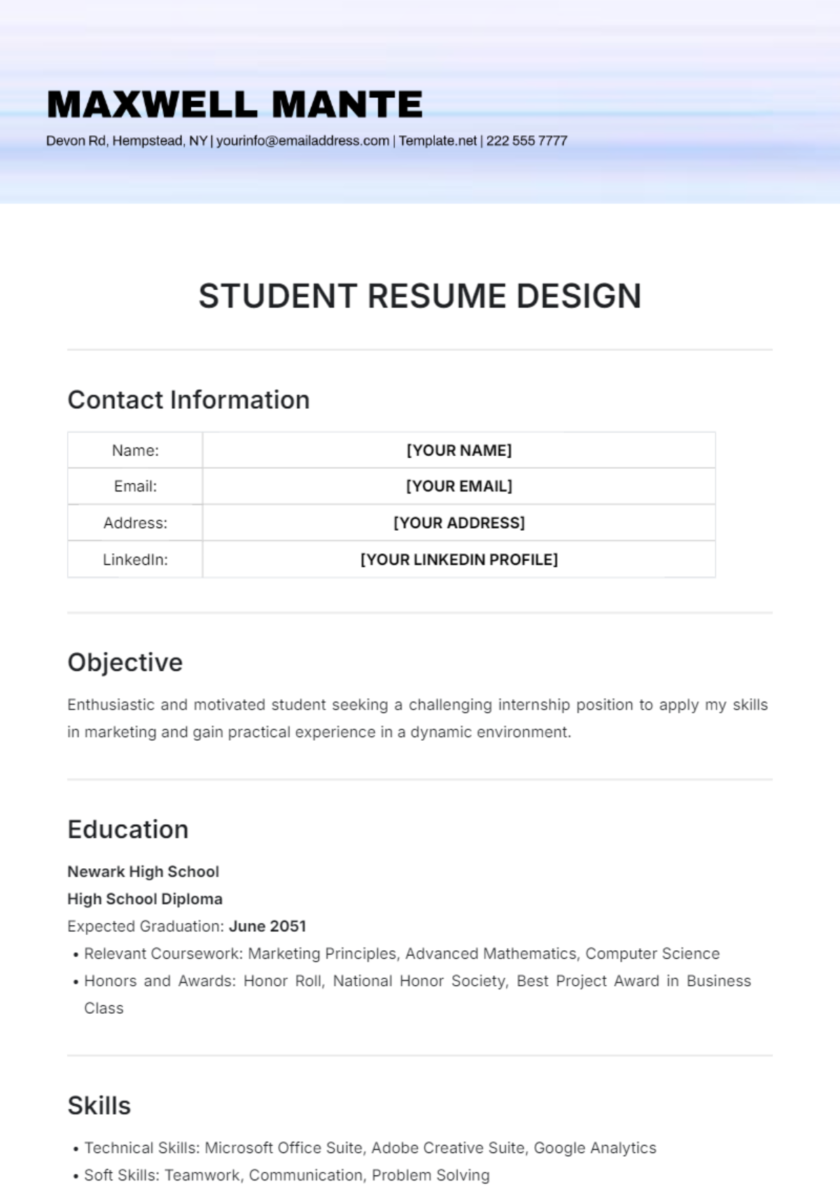 Student Resume Design Template - Edit Online & Download