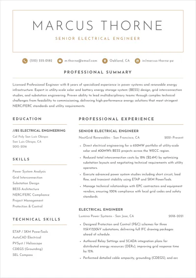 Free Electrical Engineer ATS Resume Template, AI Resume Builder
