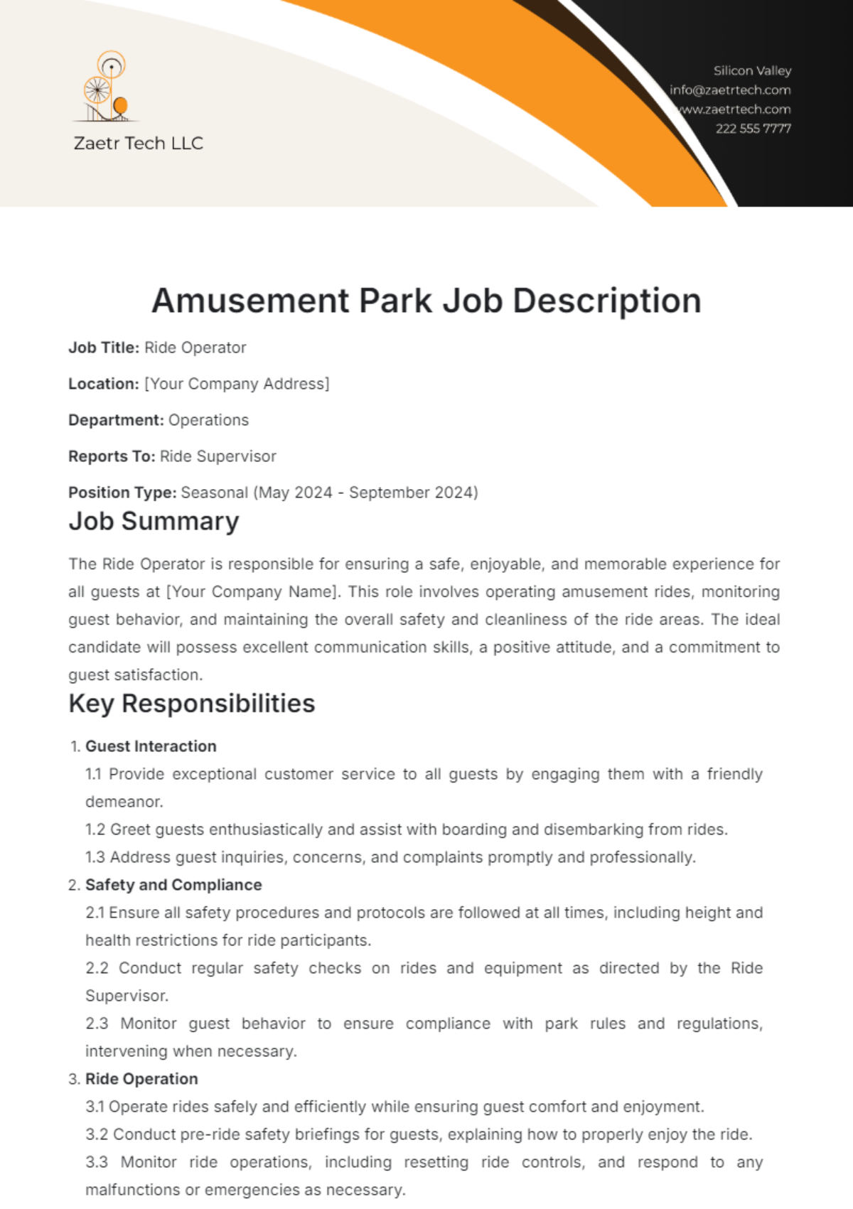 Amusement Park Job Description Template - Edit Online & Download