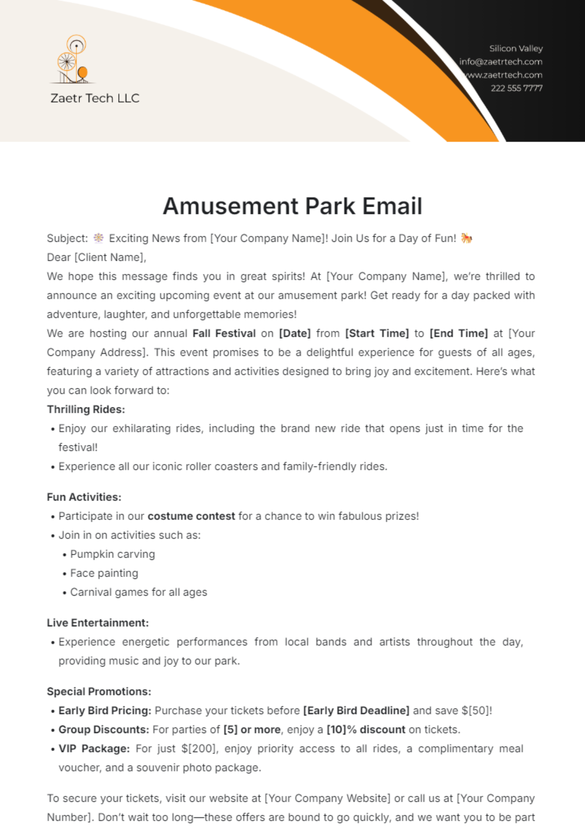 Amusement Park Email Template - Edit Online & Download