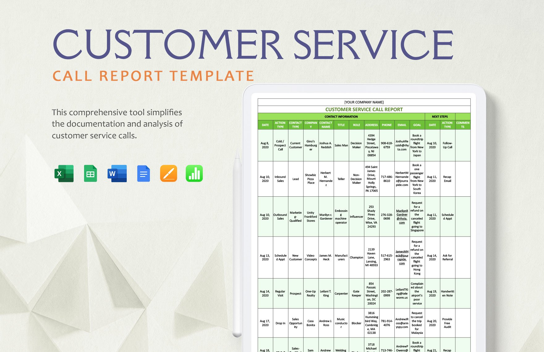 Free Customer Service Call Report Template in Word, Google Docs, Excel, Google Sheets, Apple Pages, Apple Numbers