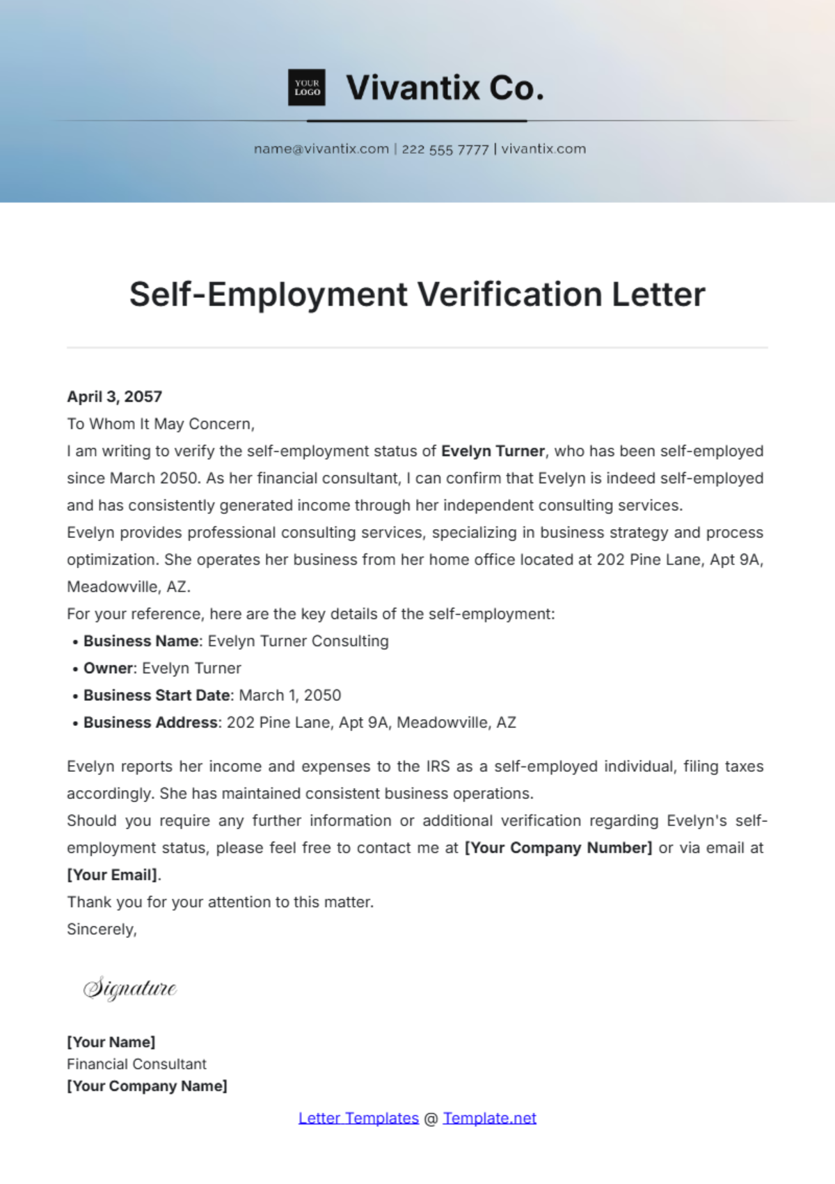 Self-Employment Verification Letter Template - Edit Online & Download