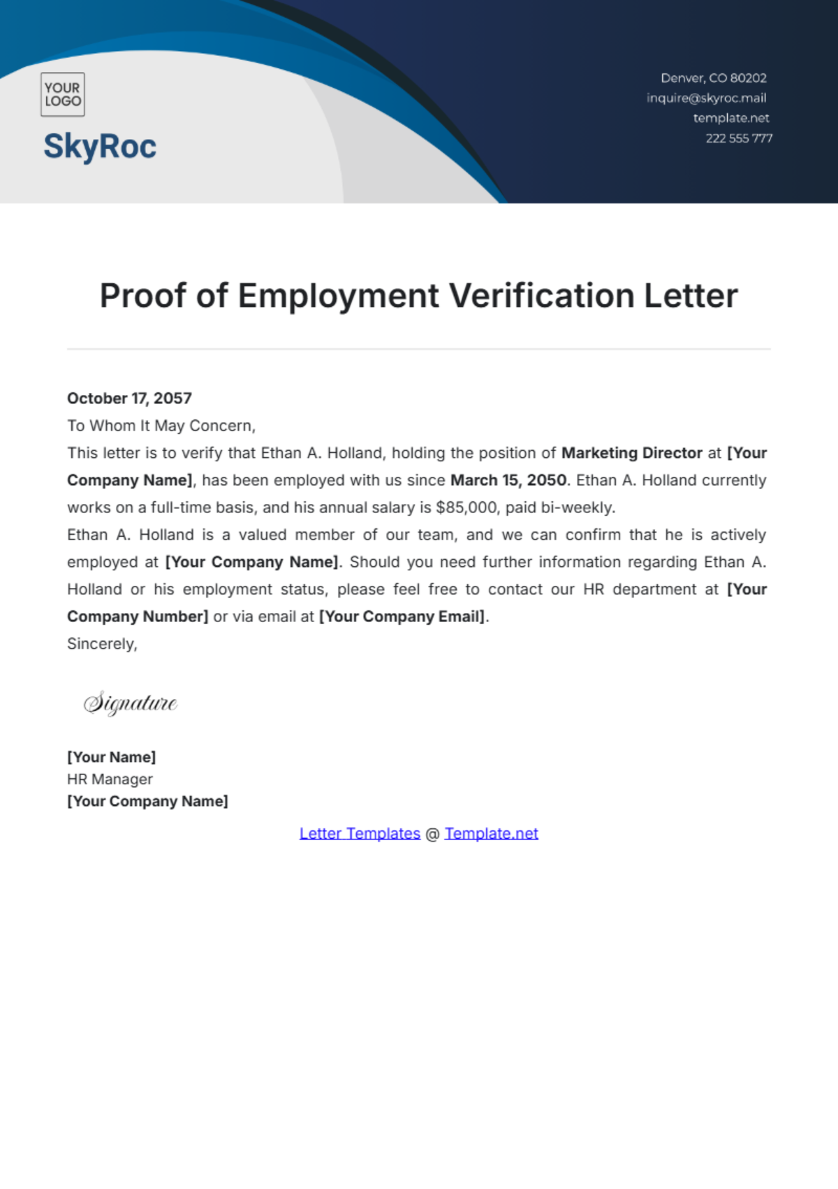 Proof Of Employment Verification Letter Template - Edit Online & Download