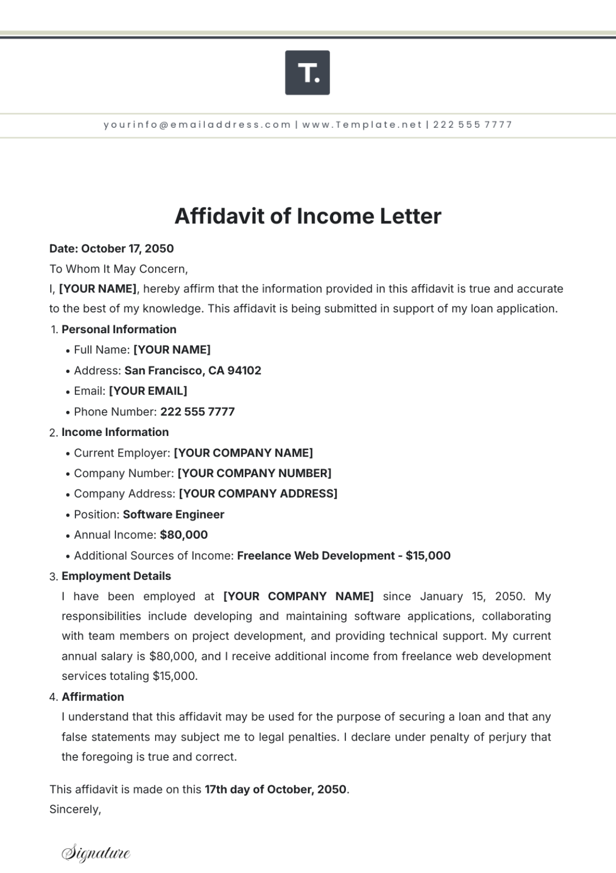 Affidavit of Income Letter Template - Edit Online & Download