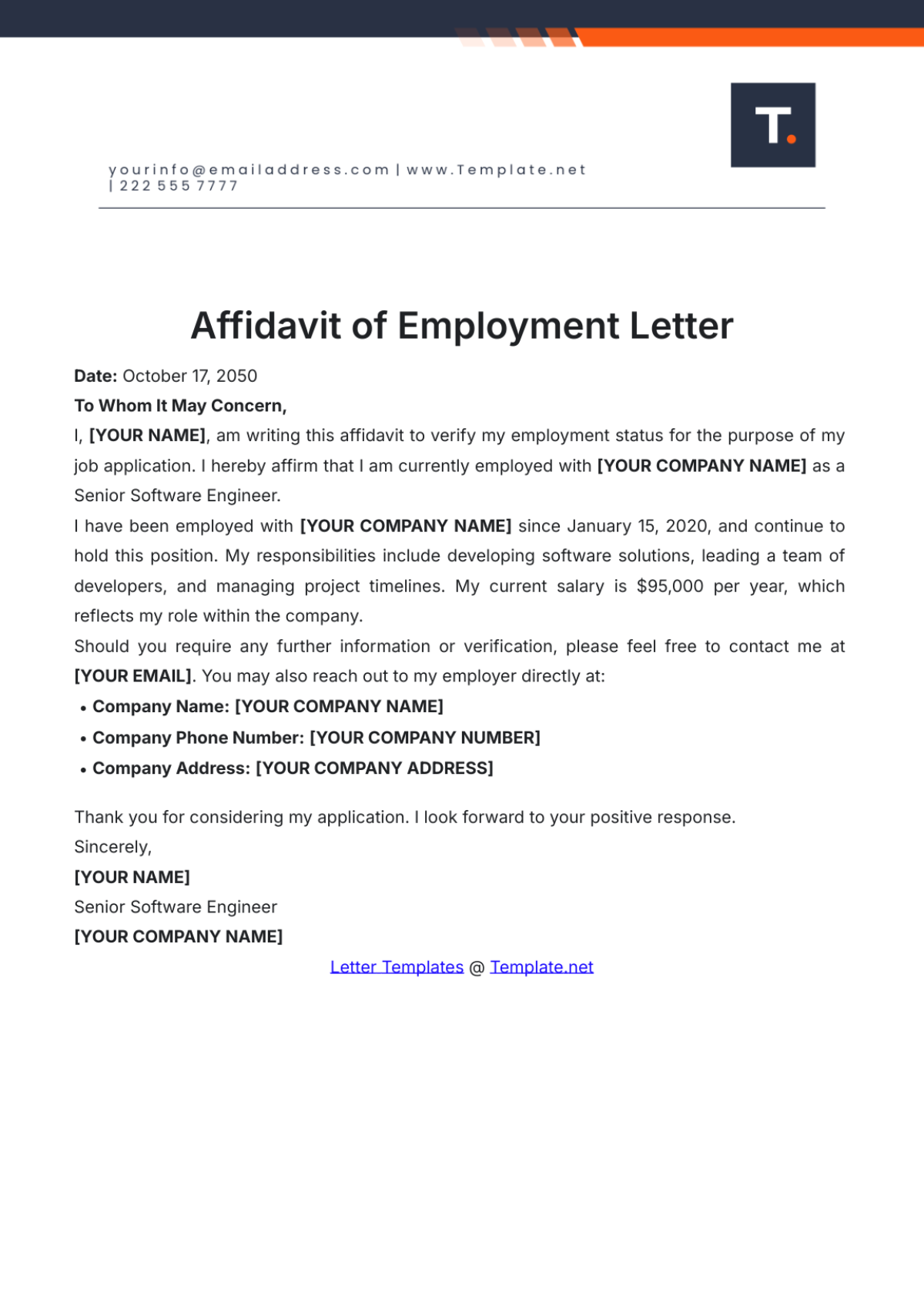 Affidavit of Employment Letter Template - Edit Online & Download