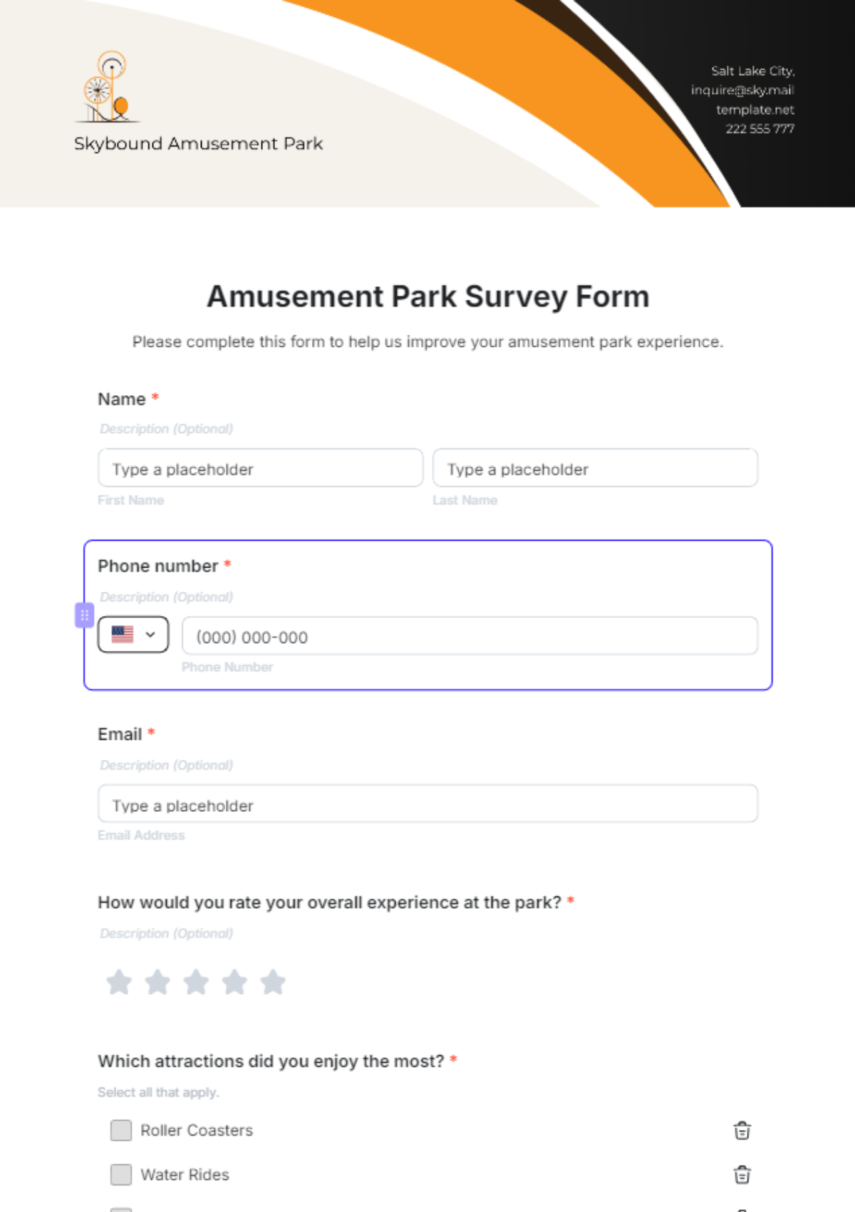 Amusement Park Survey Form Template - Edit Online & Download