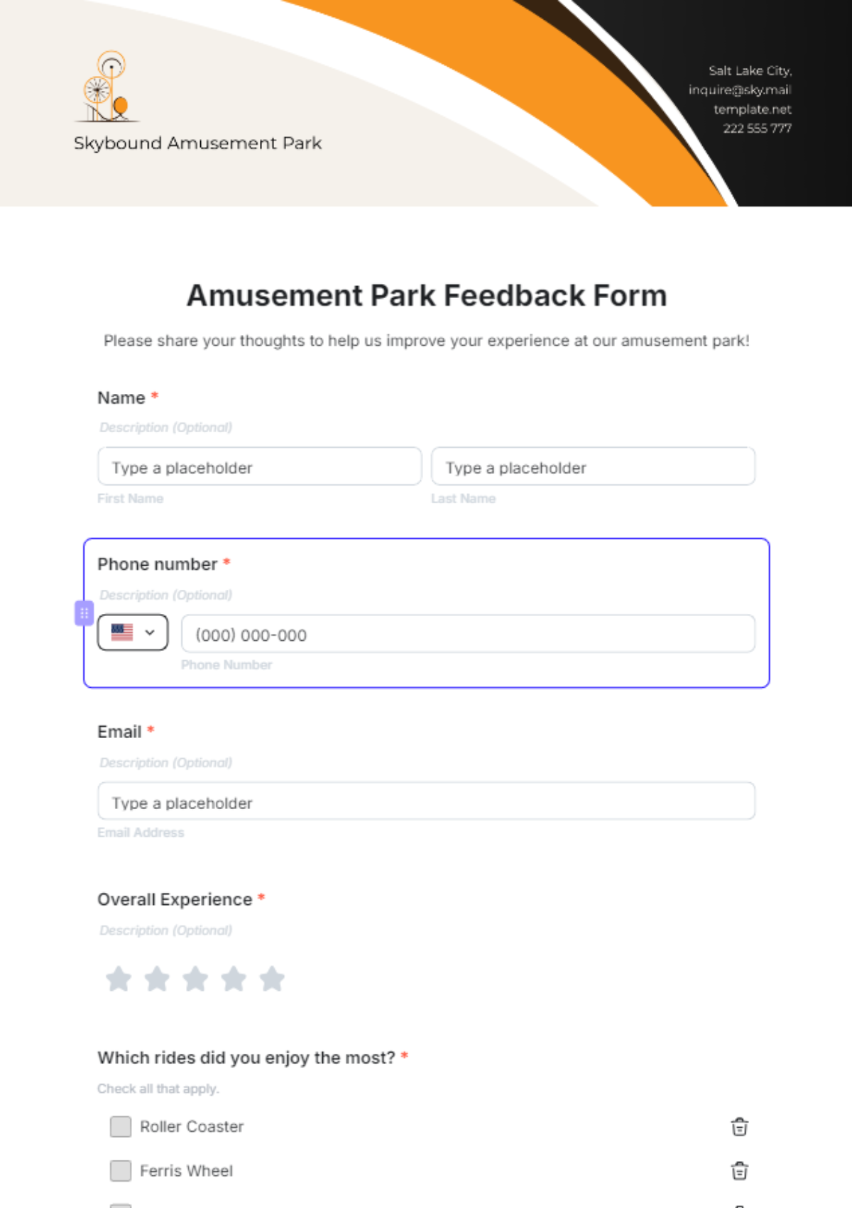 Amusement Park Feedback Form Template - Edit Online & Download