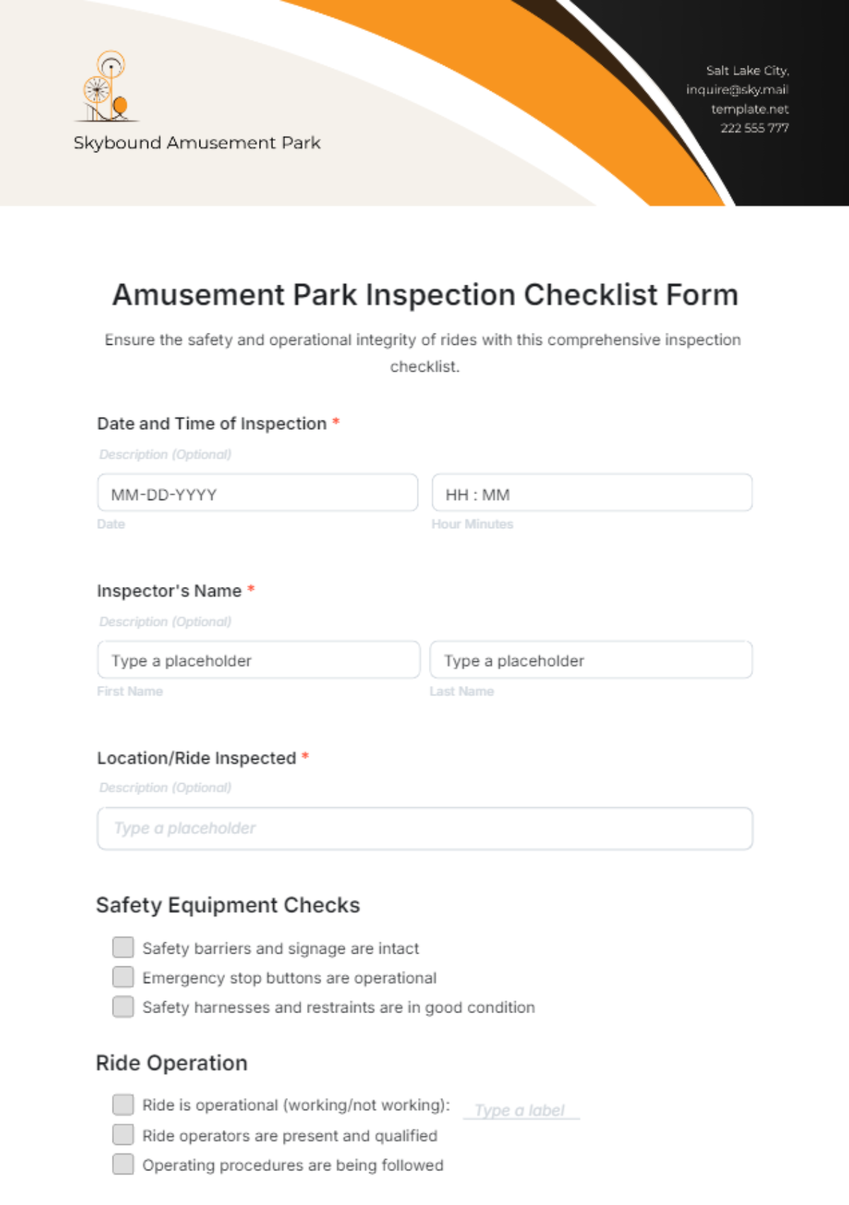 Amusement Park Inspection Checklist Form Template - Edit Online & Download