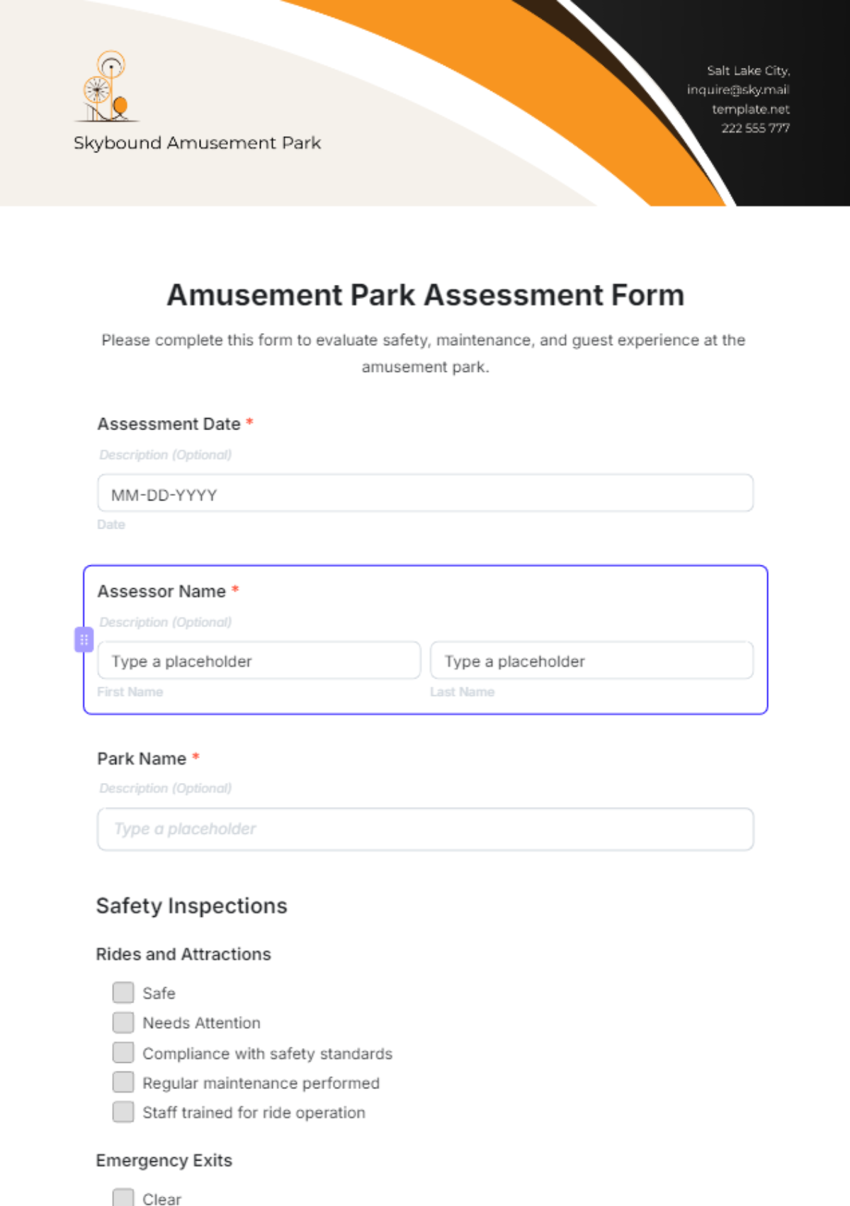 Amusement Park Assessment Form Template - Edit Online & Download