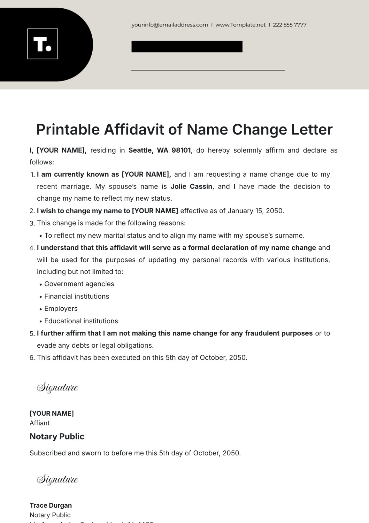 Printable Affidavit of Name Change Letter Template - Edit Online & Download