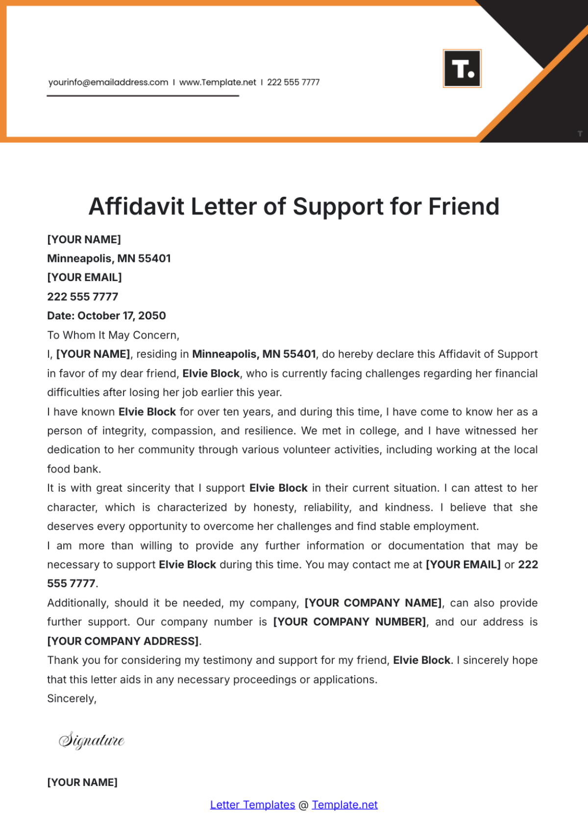 Affidavit Letter of Support for Friend Template - Edit Online & Download