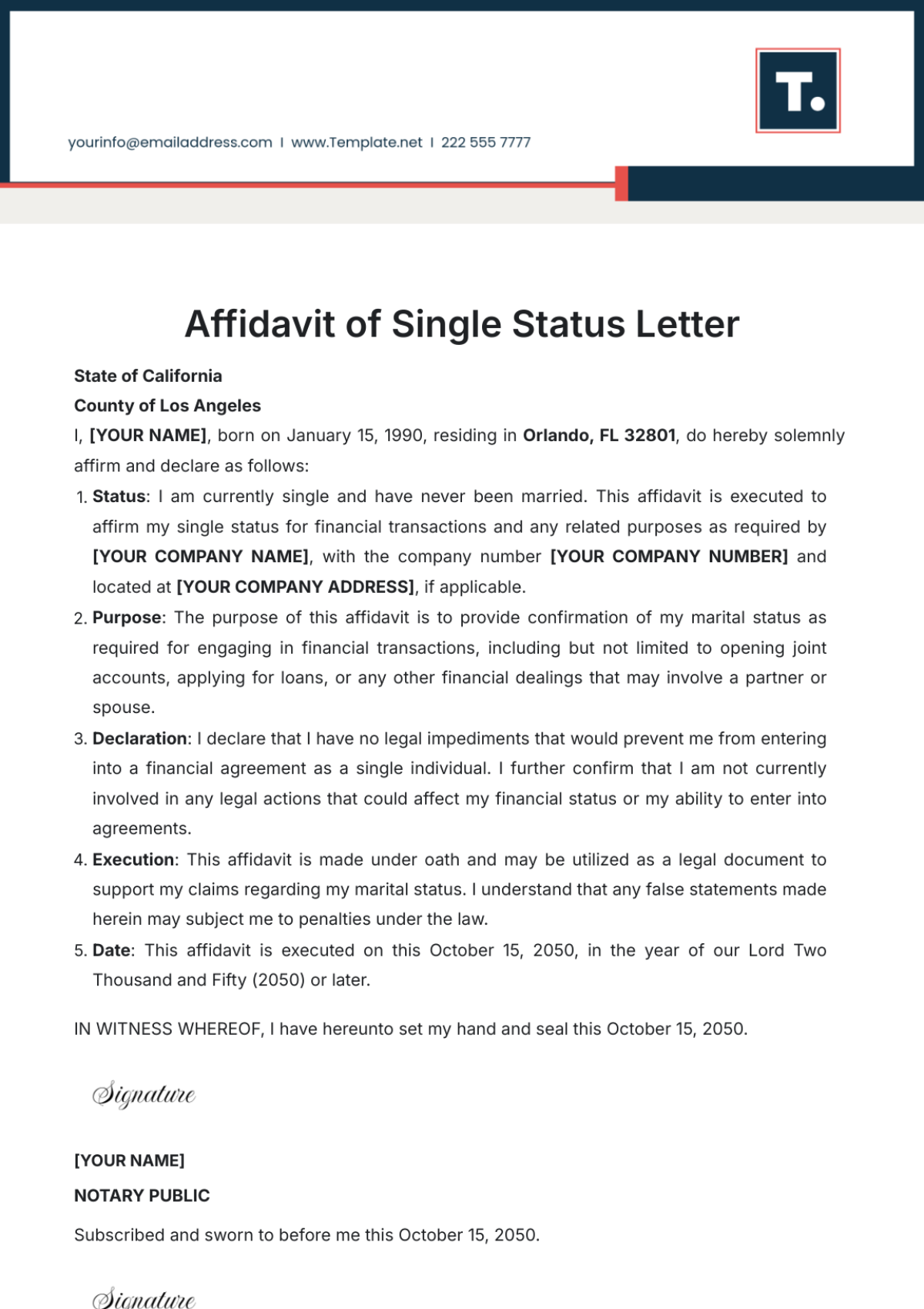 Affidavit of Single Status Letter Template - Edit Online & Download