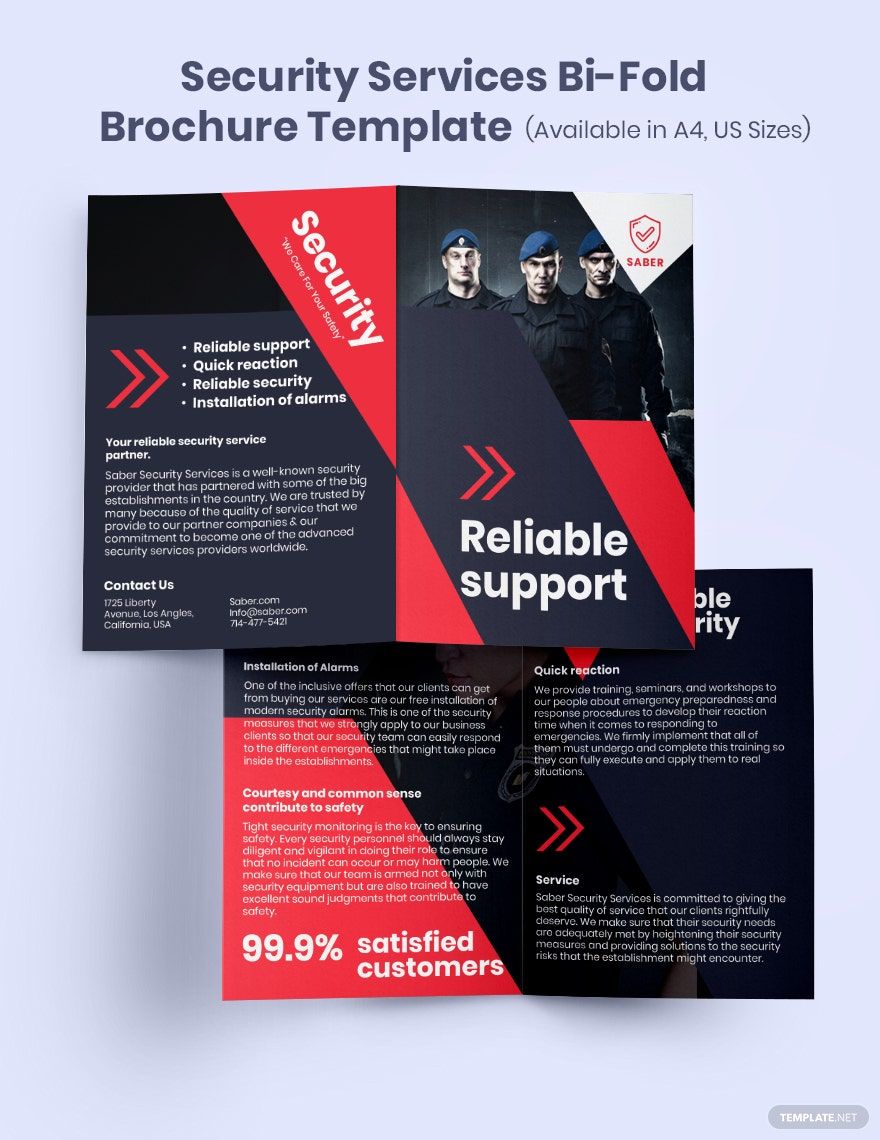 Security Services Bi-Fold Brochure Template in Word, Google Docs, Illustrator, PSD, Apple Pages, Publisher, InDesign