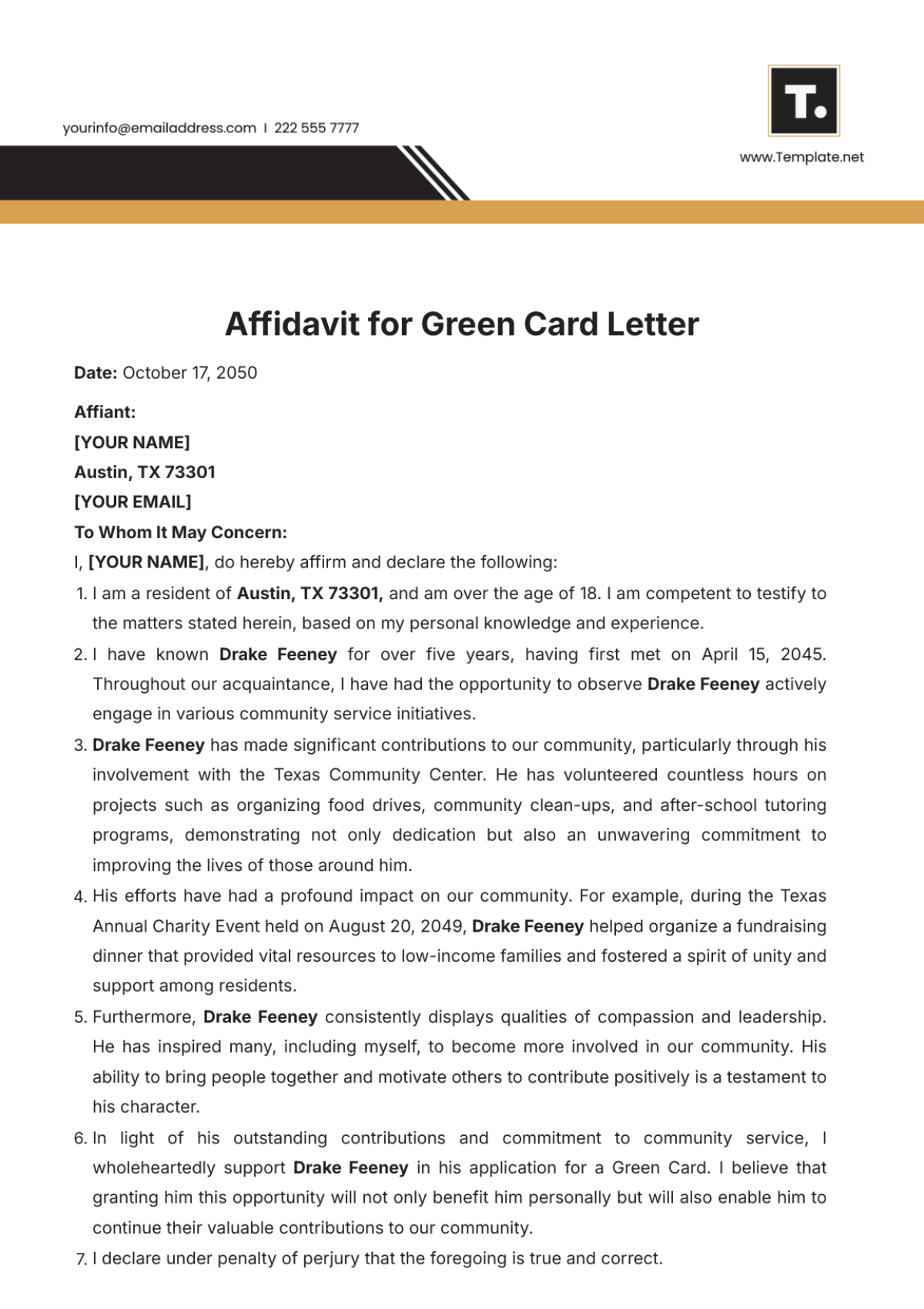 Affidavit for Green Card Letter Template - Edit Online & Download