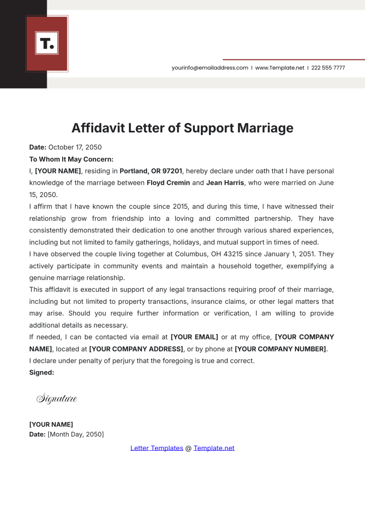 Affidavit Letter of Support Marriage Template - Edit Online & Download