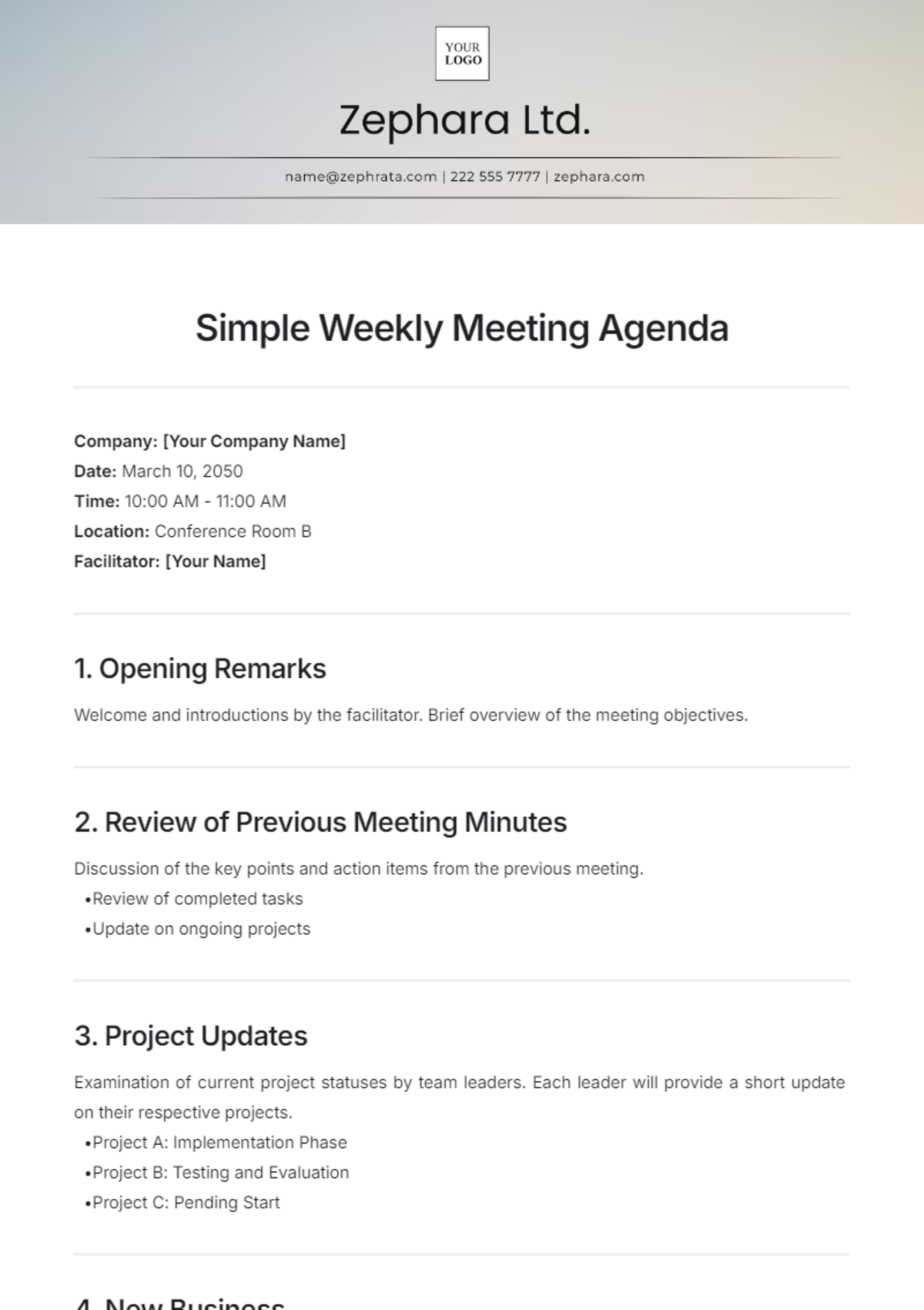 Simple Weekly Meeting Agenda Template - Edit Online & Download