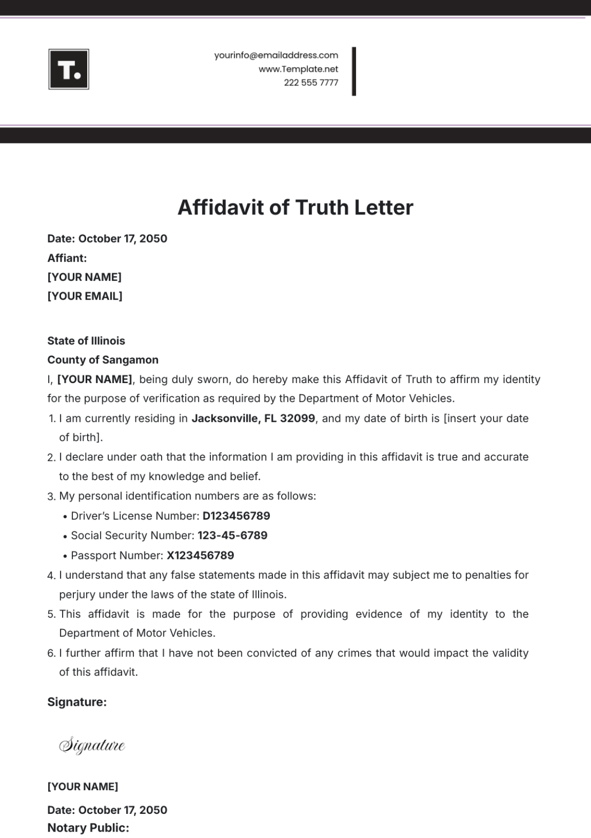 Affidavit of Truth Letter Template - Edit Online & Download