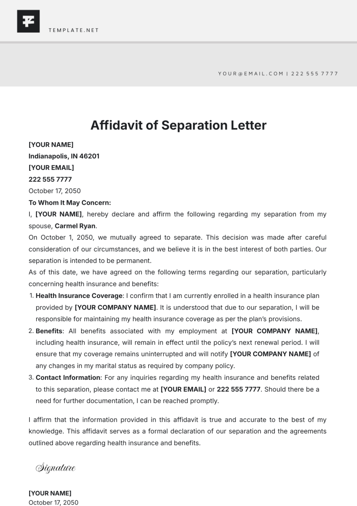 Affidavit of Separation Letter Template - Edit Online & Download