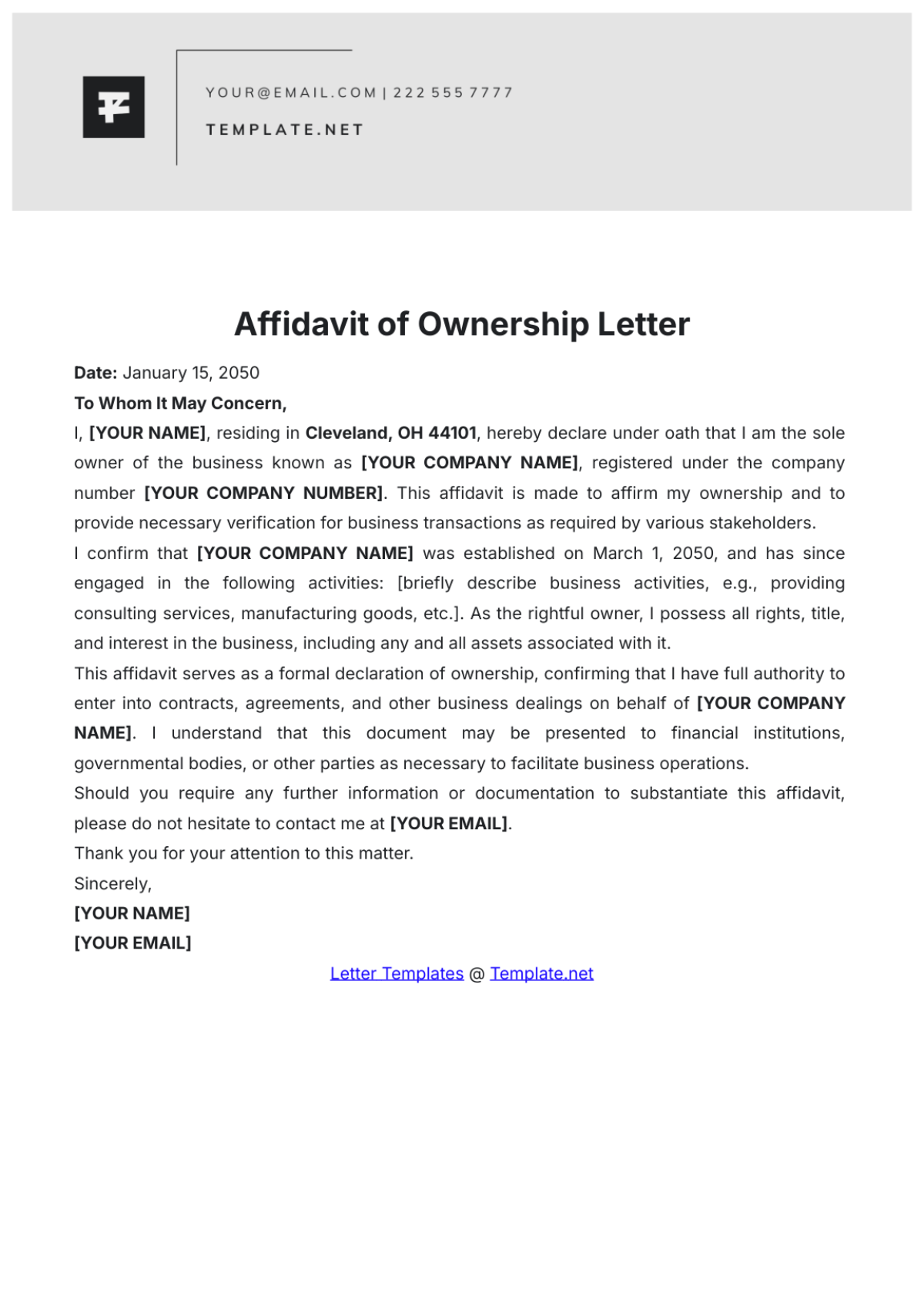 Affidavit of Ownership Letter Template - Edit Online & Download