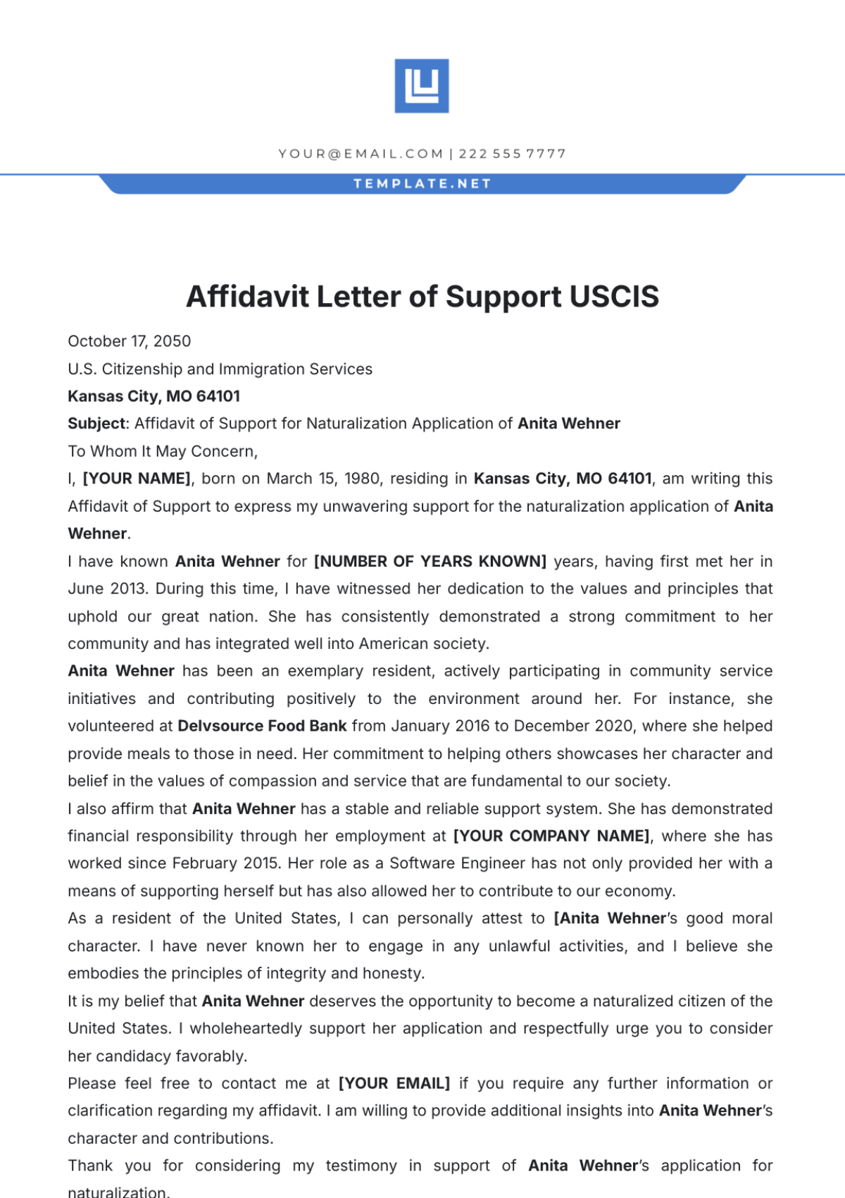 Affidavit Letter of Support USCIS Template - Edit Online & Download