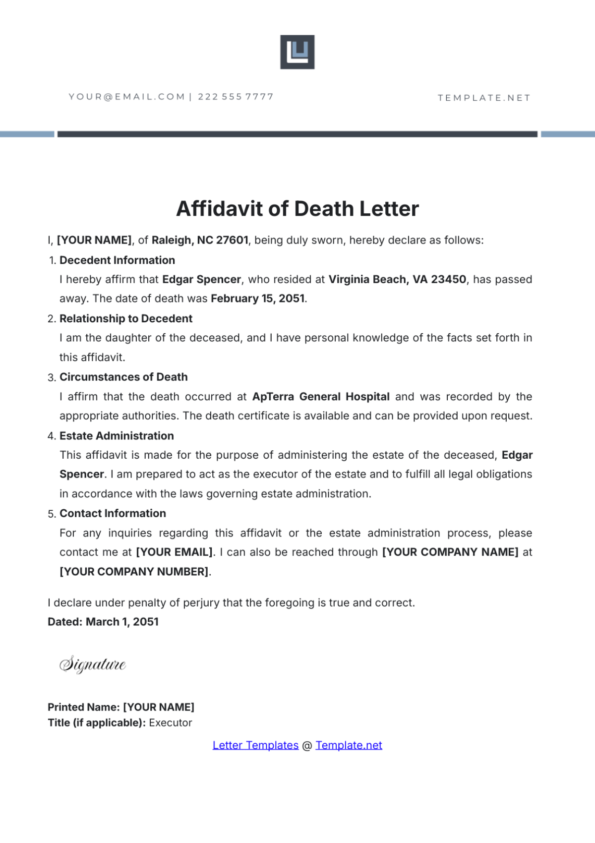 Affidavit of Death Letter Template - Edit Online & Download