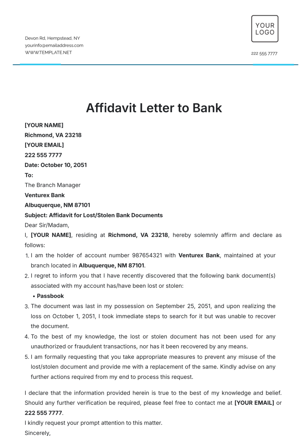 Affidavit Letter to Bank Template - Edit Online & Download