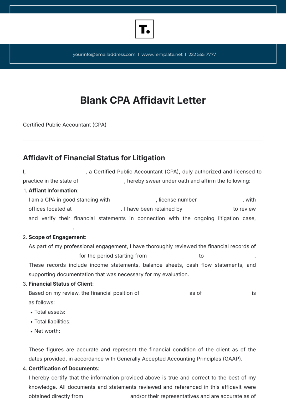 Blank CPA Affidavit Letter Template - Edit Online & Download