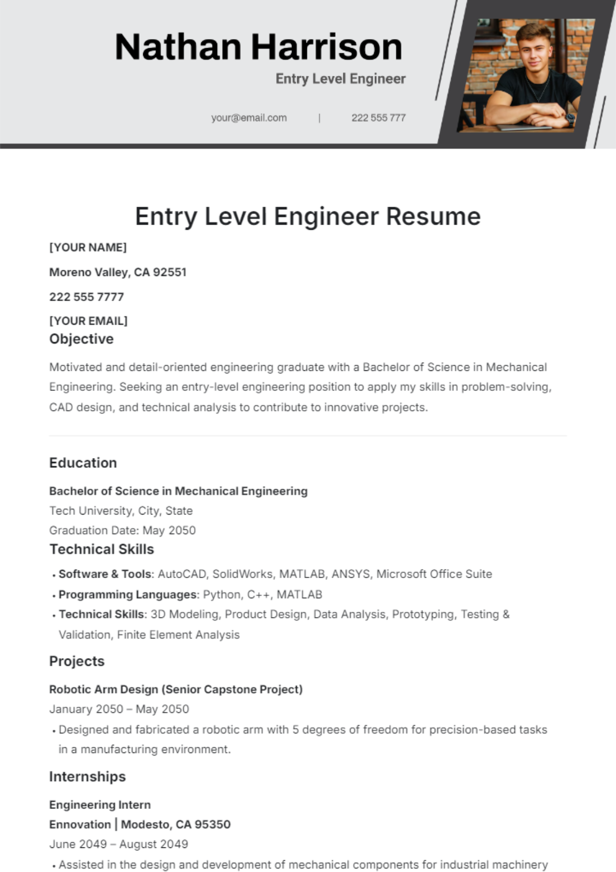 Entry Level Engineer Resume Template - Edit Online & Download