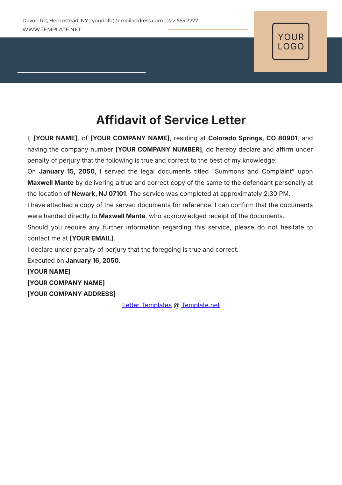 Affidavit of Service Letter Template - Edit Online & Download