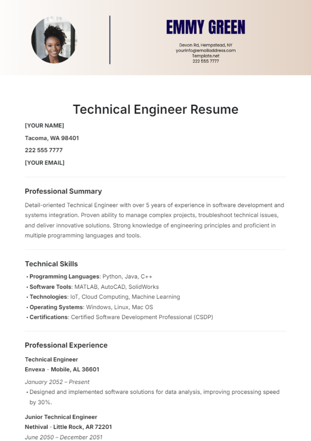 Technical Engineer Resume Template - Edit Online & Download