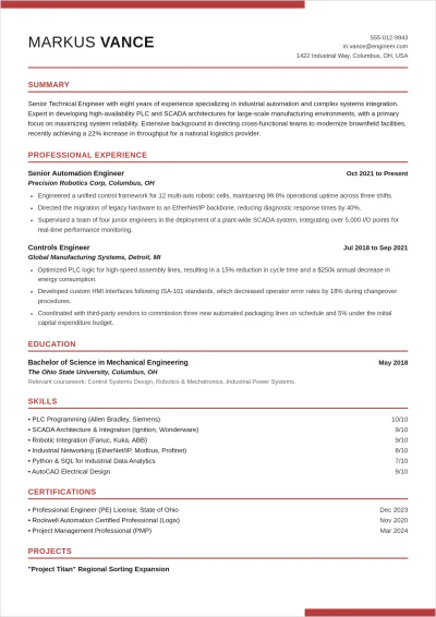 Free Technical Engineer ATS Resume Template, AI Resume Builder