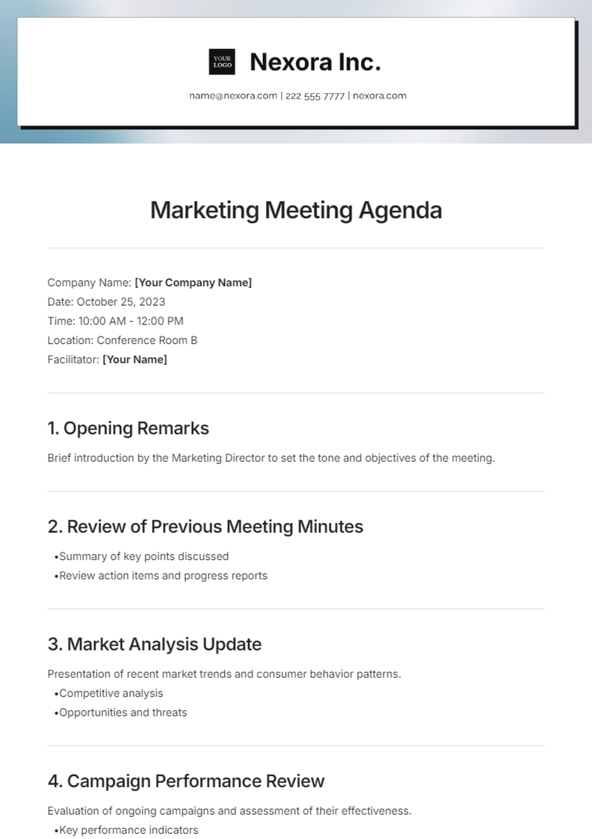 Marketing Meeting Agenda Template - Edit Online & Download