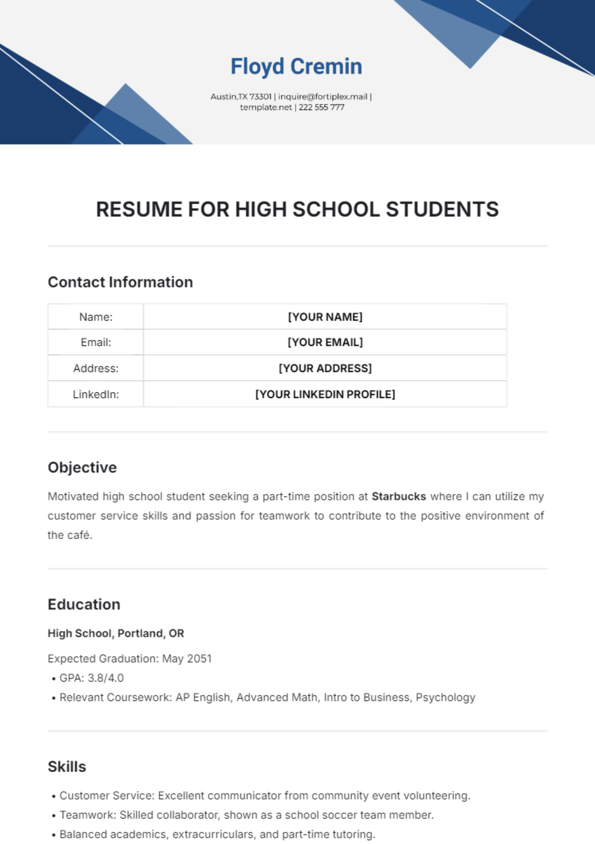 Resume Template for High School Students - Edit Online & Download