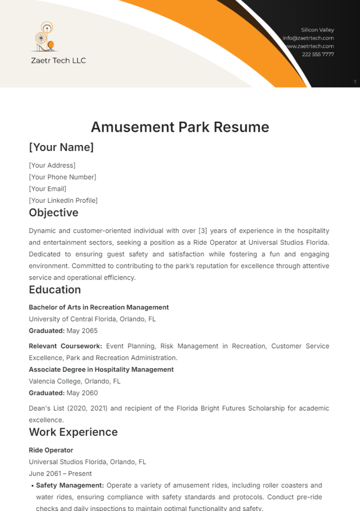 Amusement Park Resume Template - Edit Online & Download