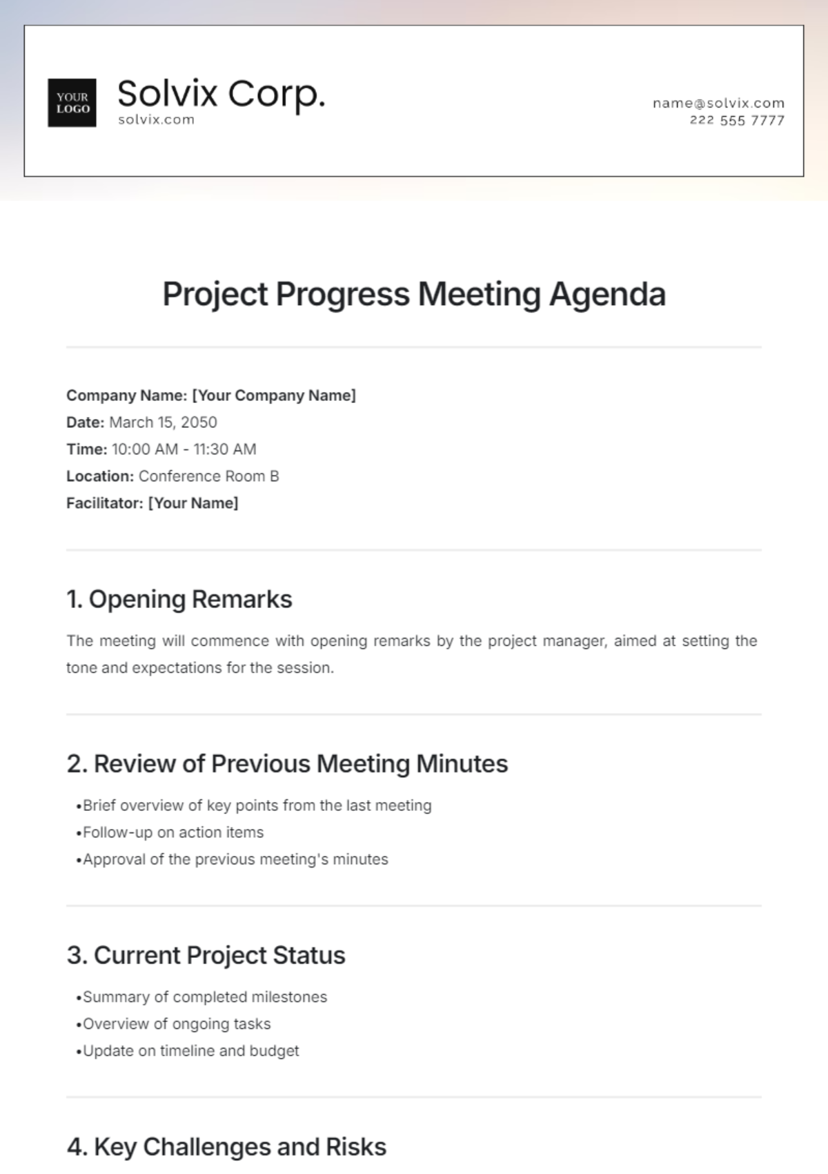 Free Project Progress Meeting Agenda Template - Edit Online & Download ...