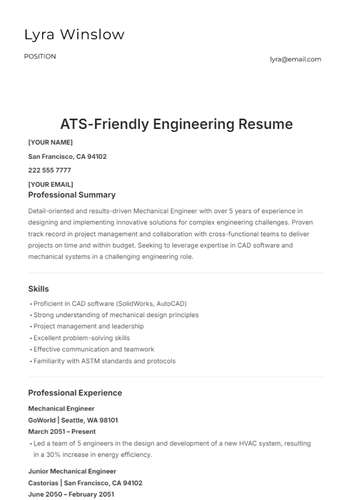 ATS-Friendly Engineering Resume Template - Edit Online & Download