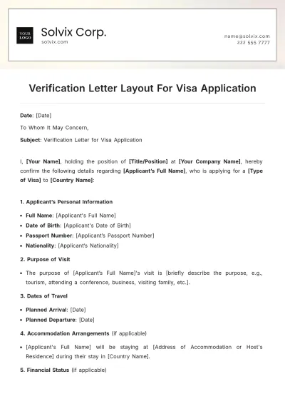 Free Verification Letter Layout For Visa Application Template to Edit Online