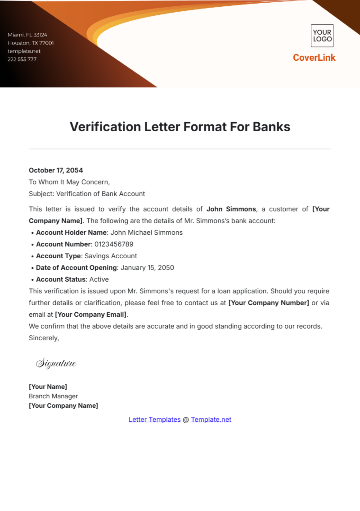 Verification Letter Format For Banks Template - Edit Online & Download