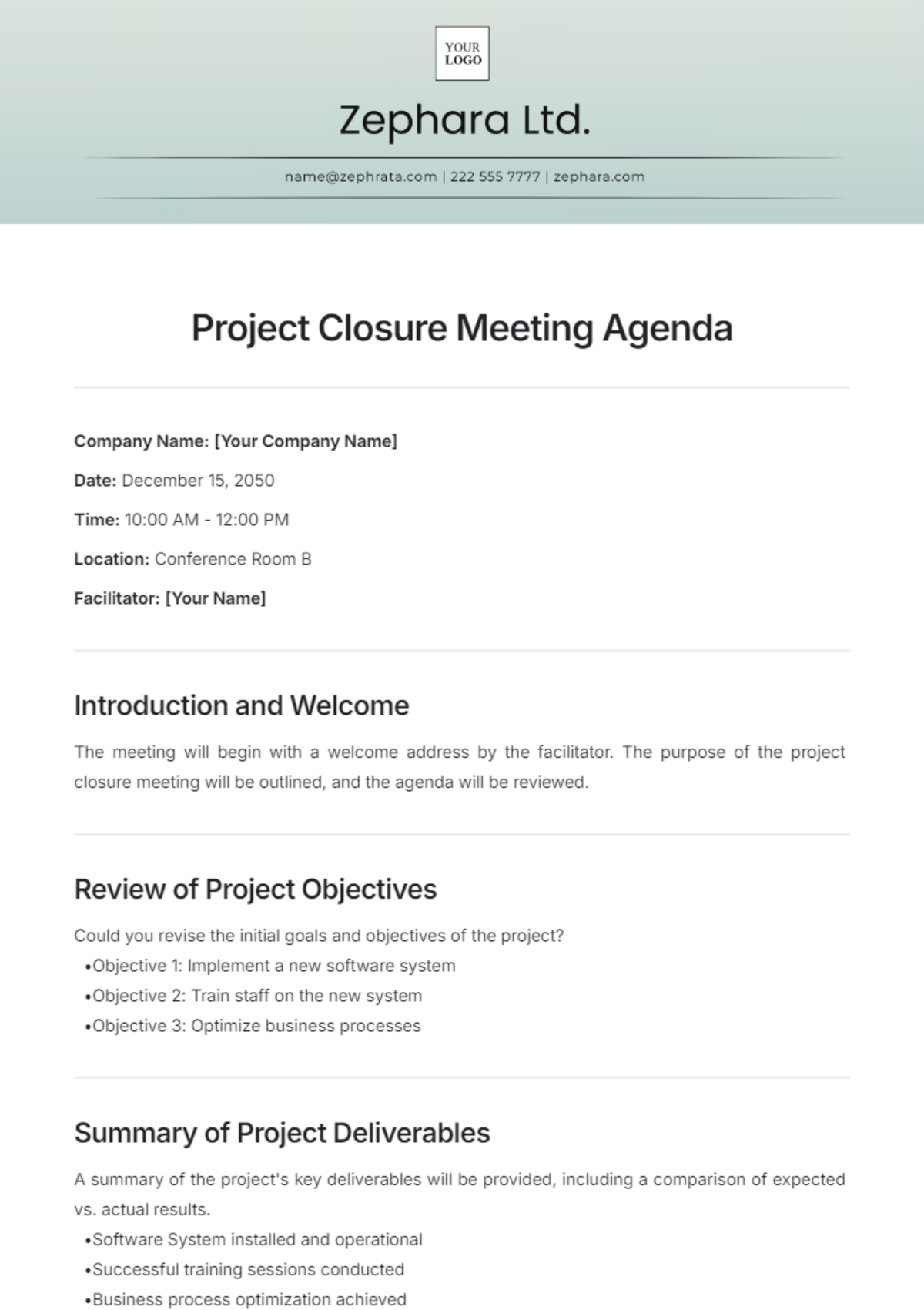 Project Closure Meeting Agenda Template