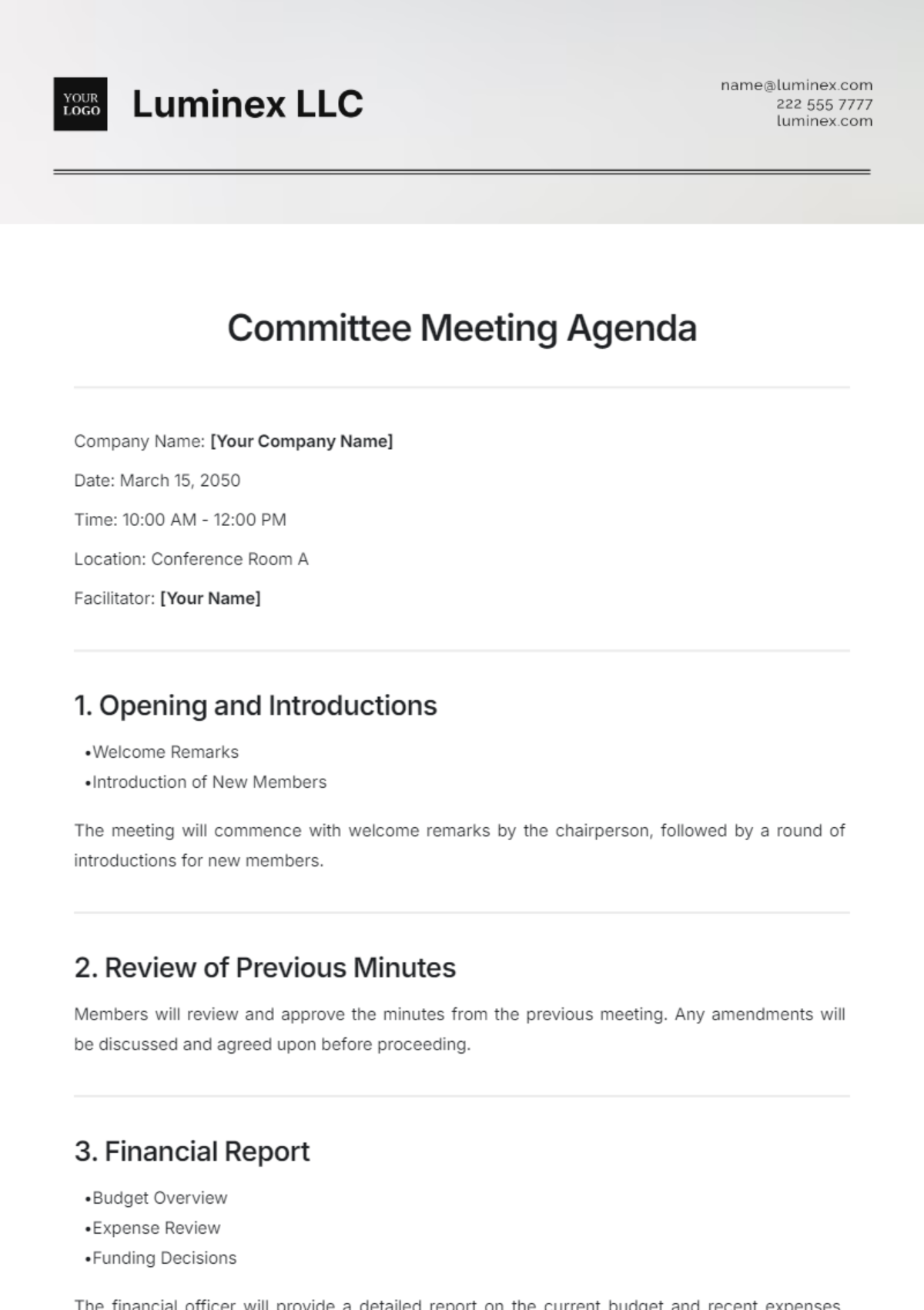 Committee Meeting Agenda Layout Template