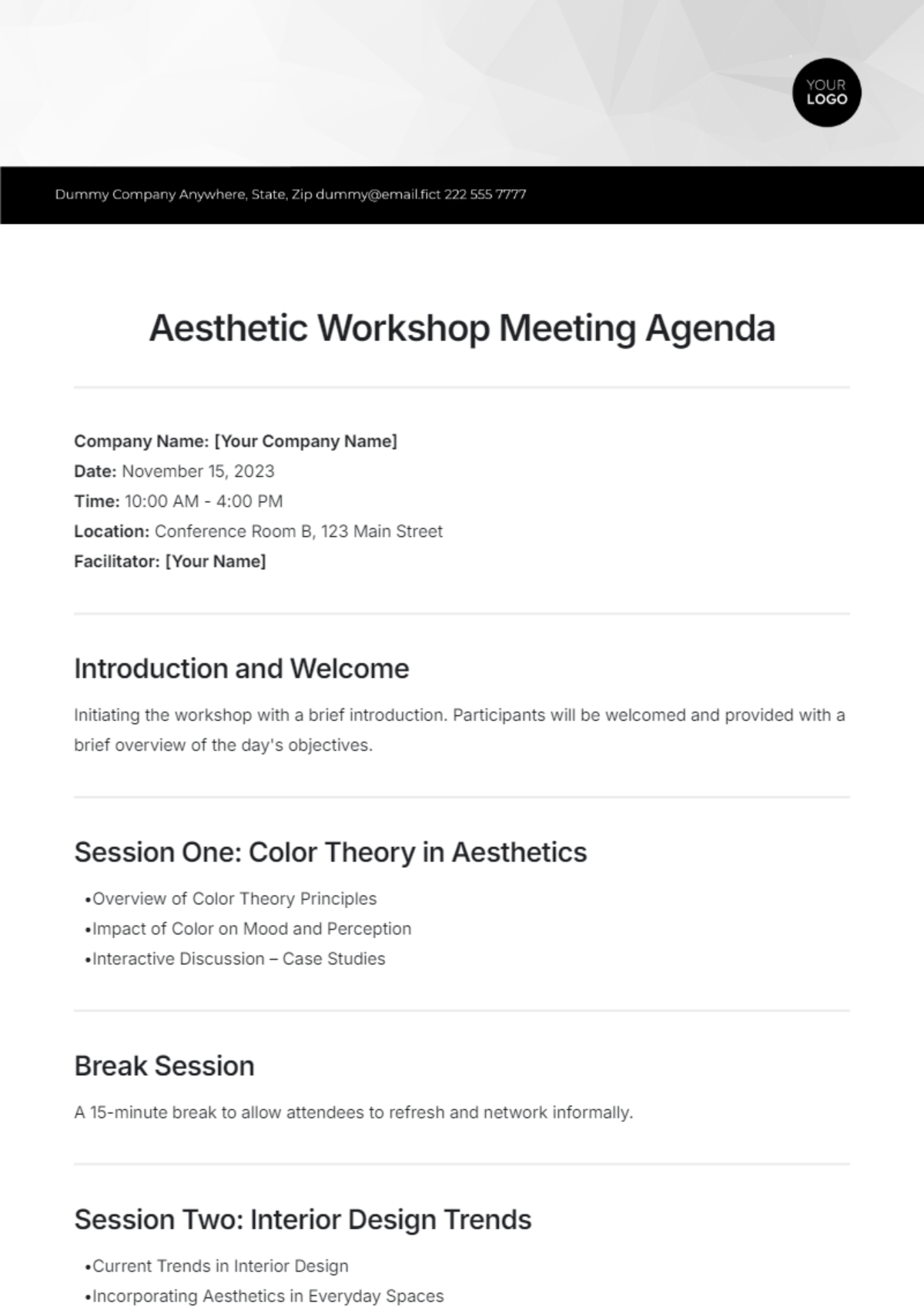 Aesthetic Workshop Meeting Agenda Template