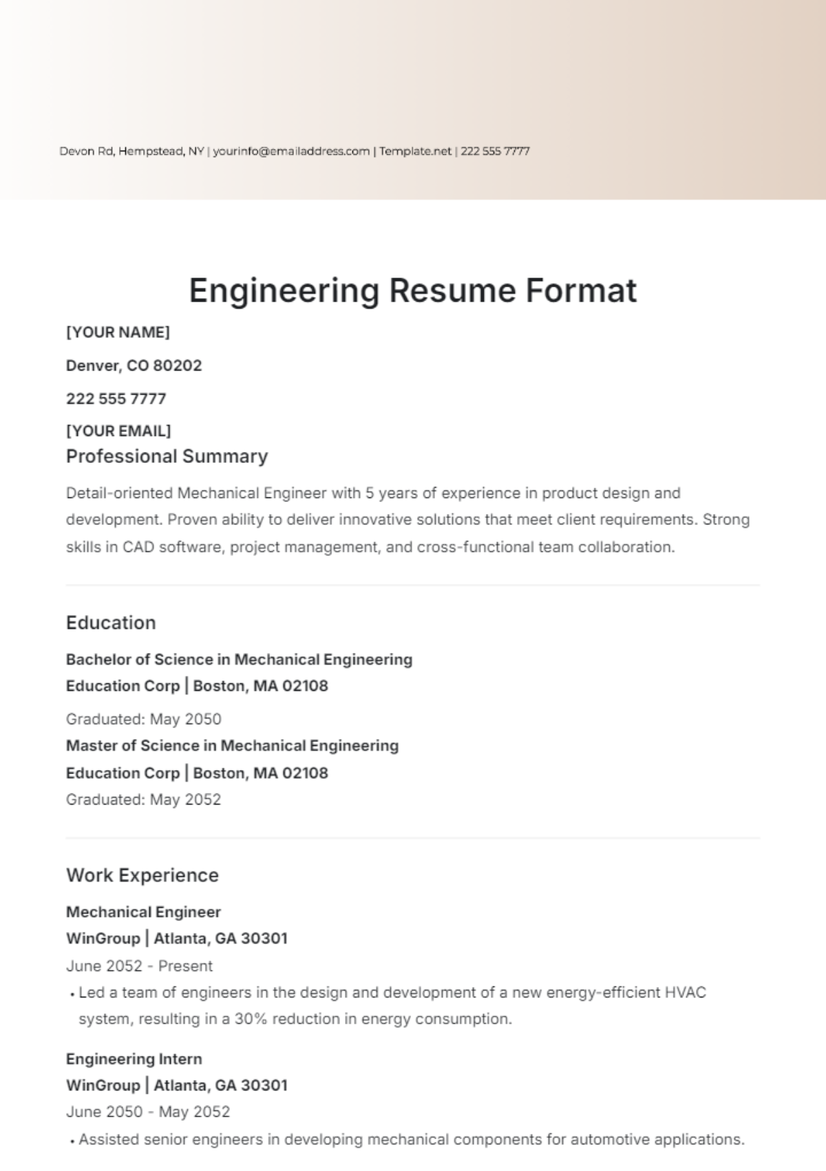 Engineering Resume Format Template - Edit Online & Download