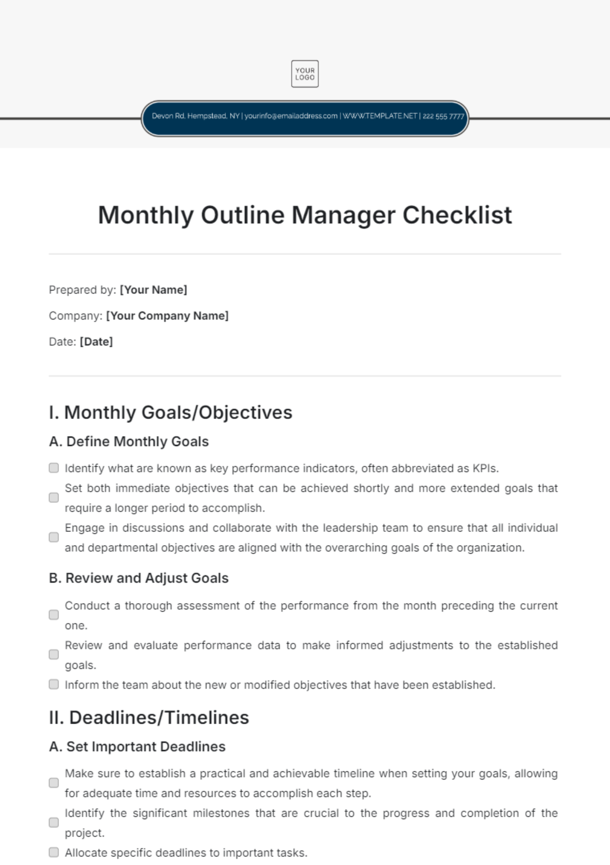 Monthly Outline Manager Checklist Template - Edit Online & Download