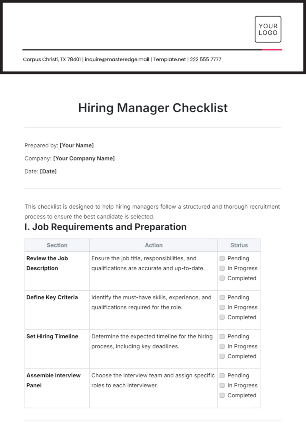 Hiring Manager Checklist Template - Edit Online & Download