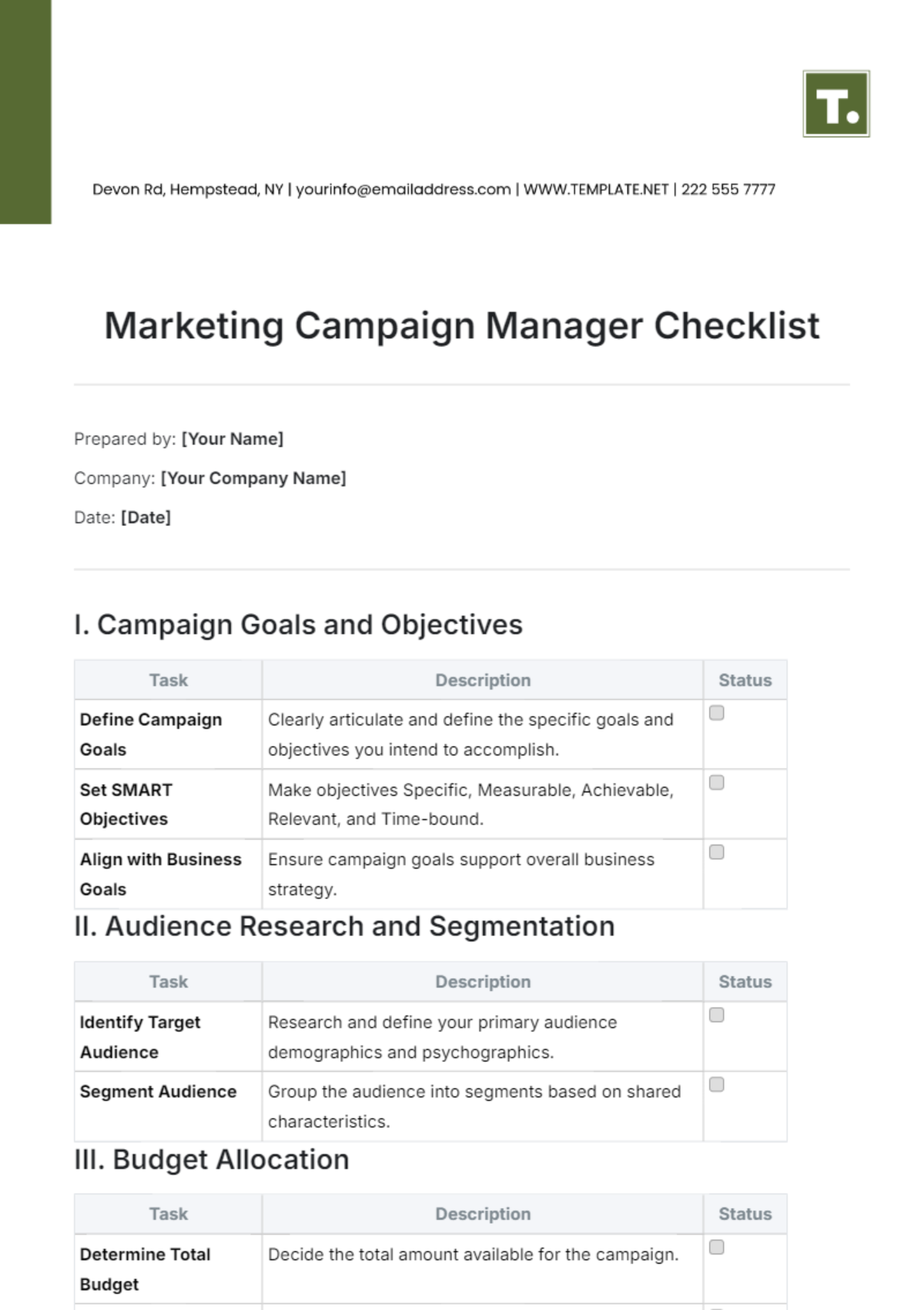 Marketing Campaign Manager Checklist Template - Edit Online & Download